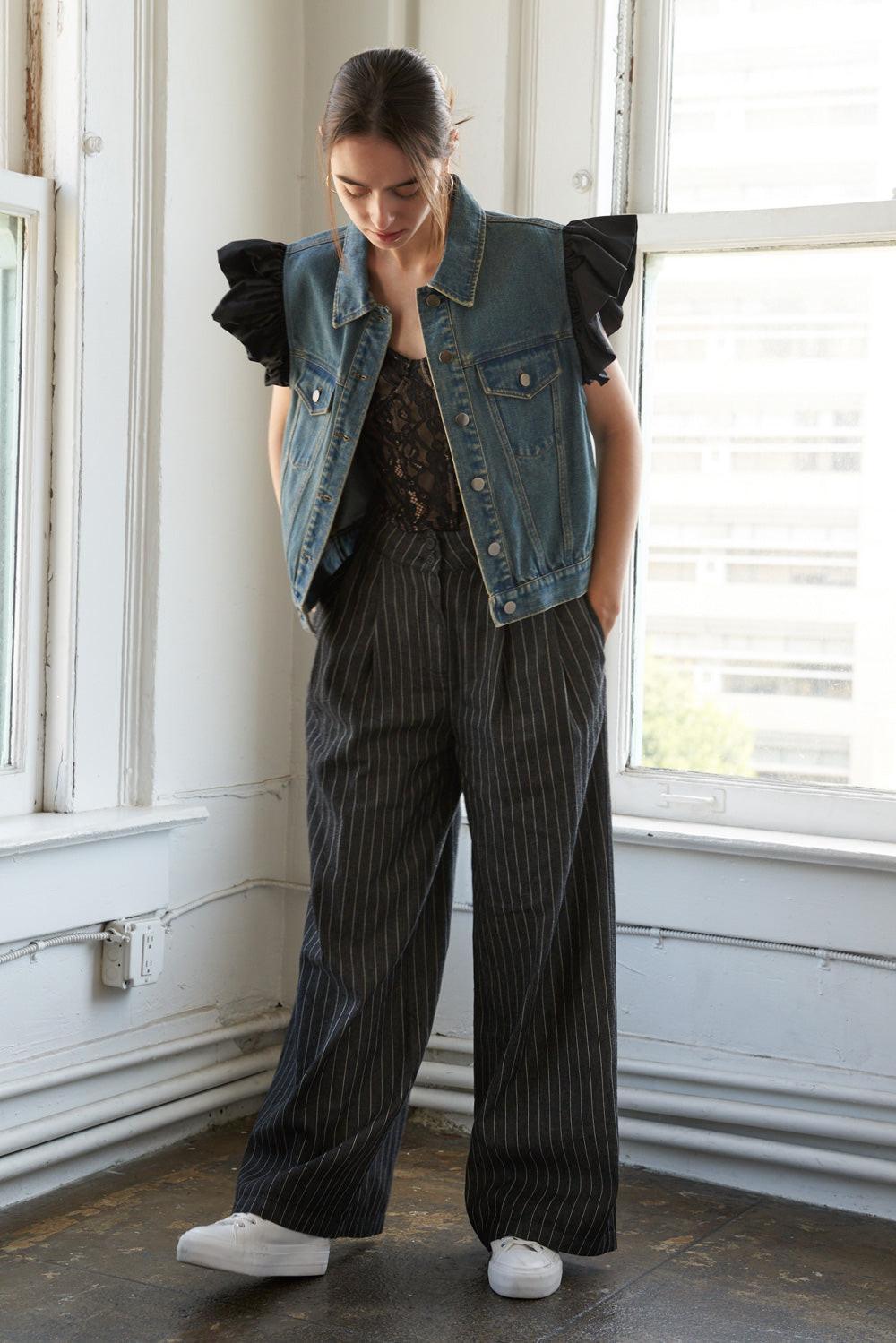 Washed Blue Denim Vest with Black Ruffled Sleeves - Image 3
