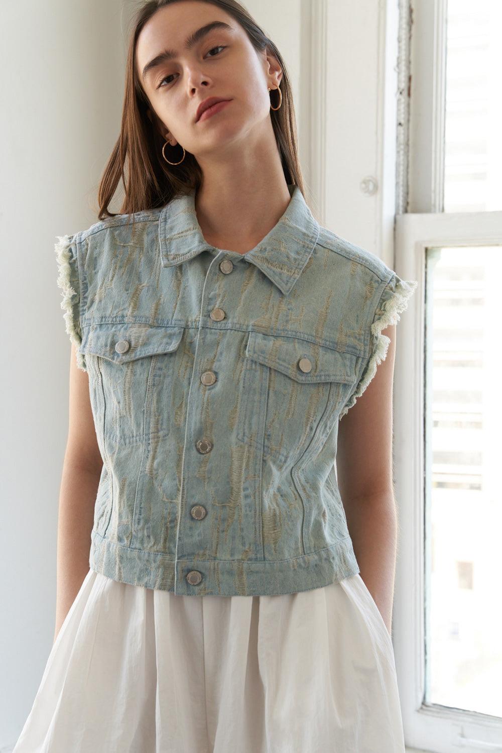Distressed Light Wash Denim Vest with Raw Edge Armholes