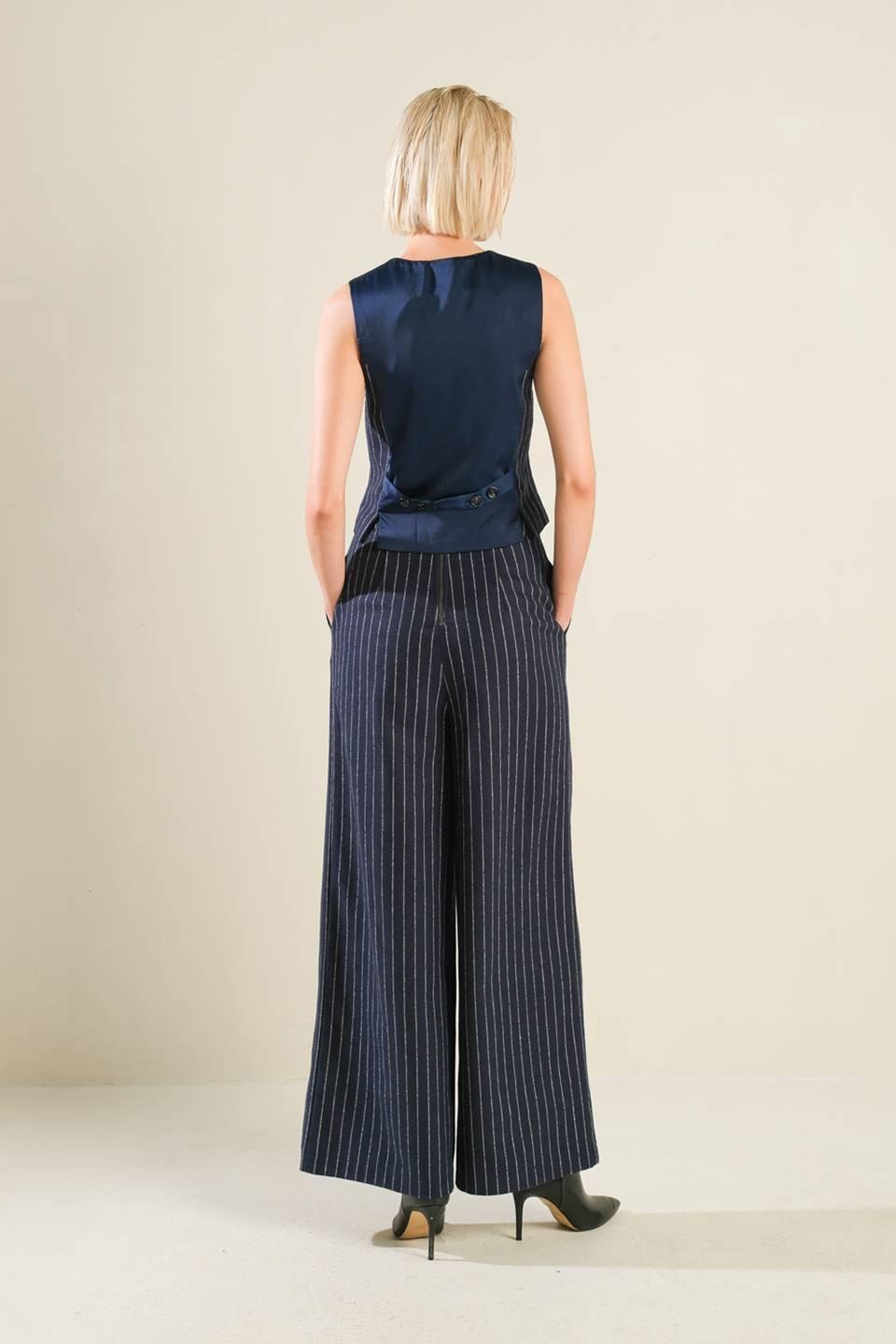 Navy Pinstripe Woven Button Down Tailored Vest - Image 3