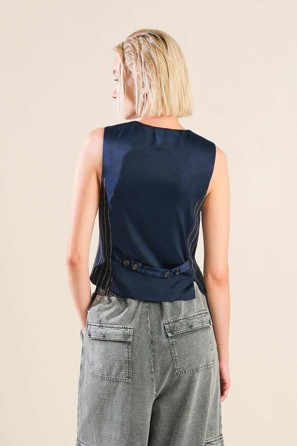 Navy Pinstripe Woven Button Down Tailored Vest - Image 2