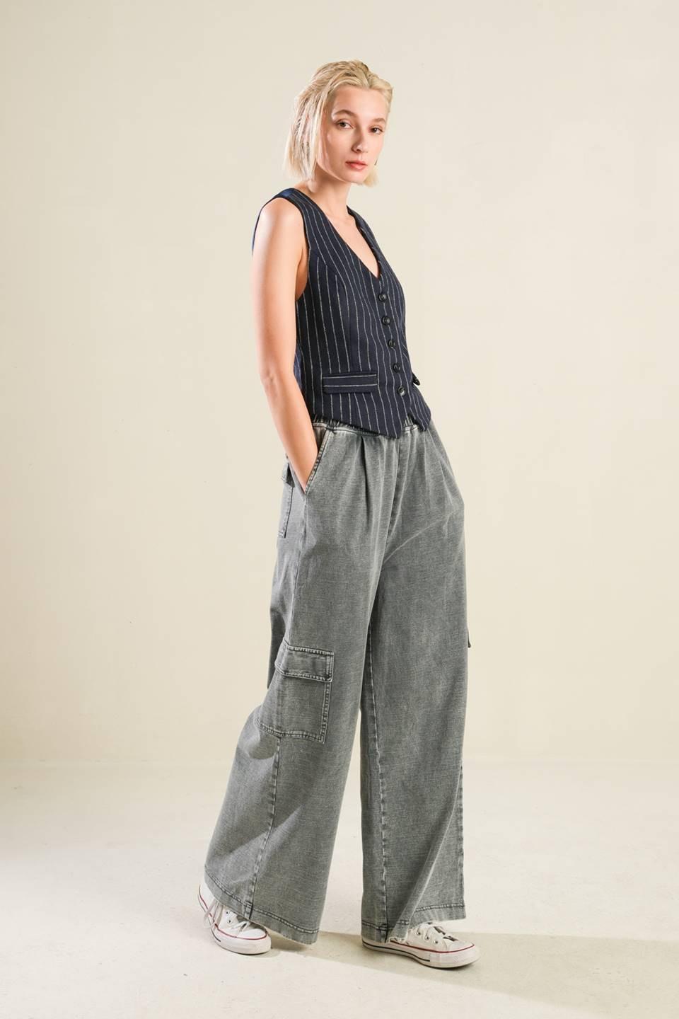 Navy Pinstripe Woven Button Down Tailored Vest - Image 4
