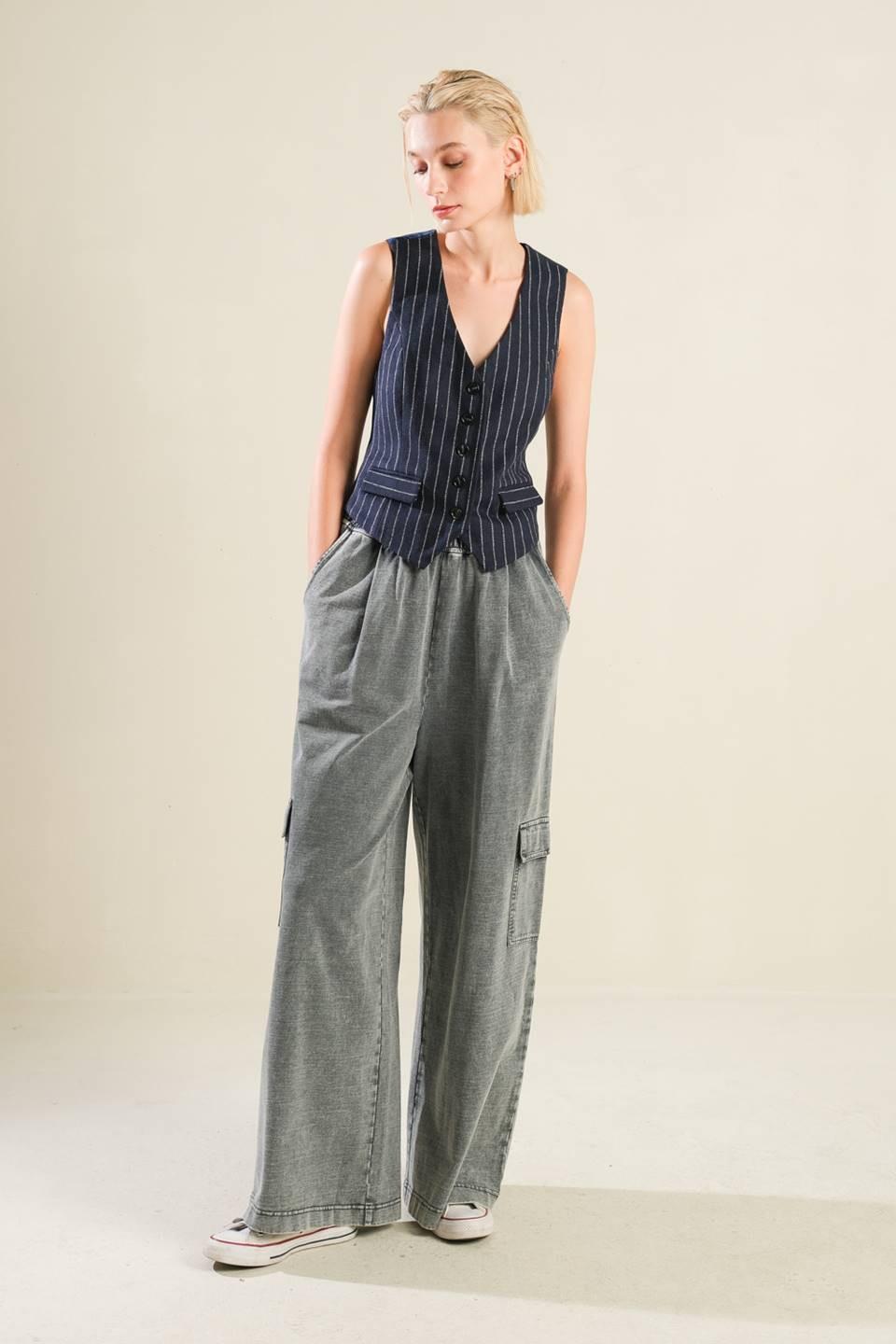 Navy Pinstripe Woven Button Down Tailored Vest - Image 5