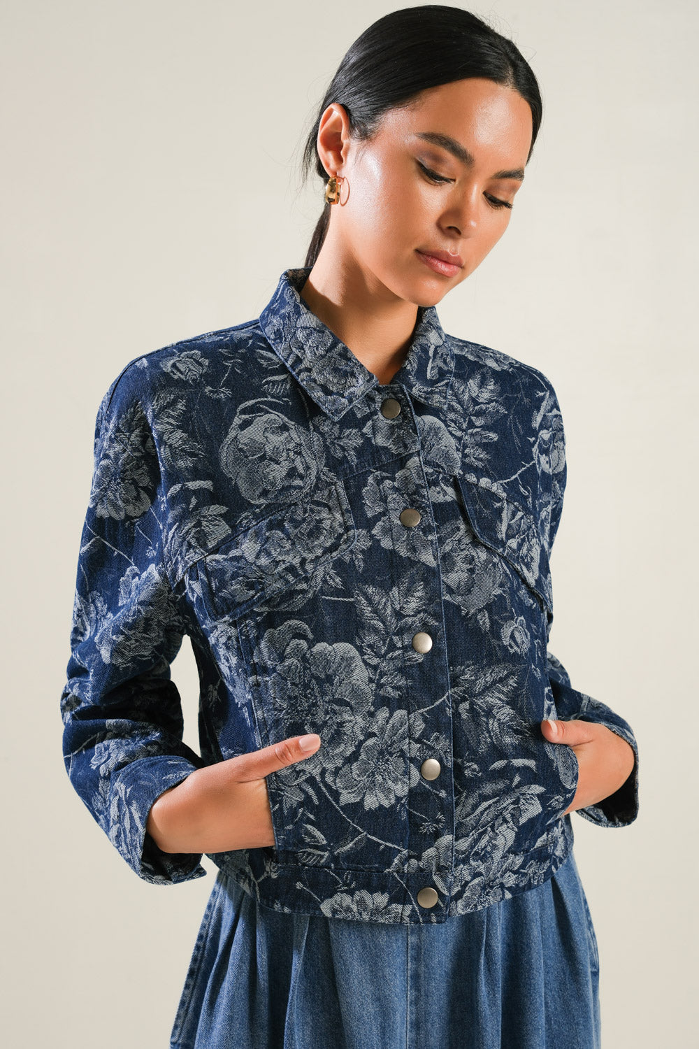 Jacquard Denim Button Down Jacket