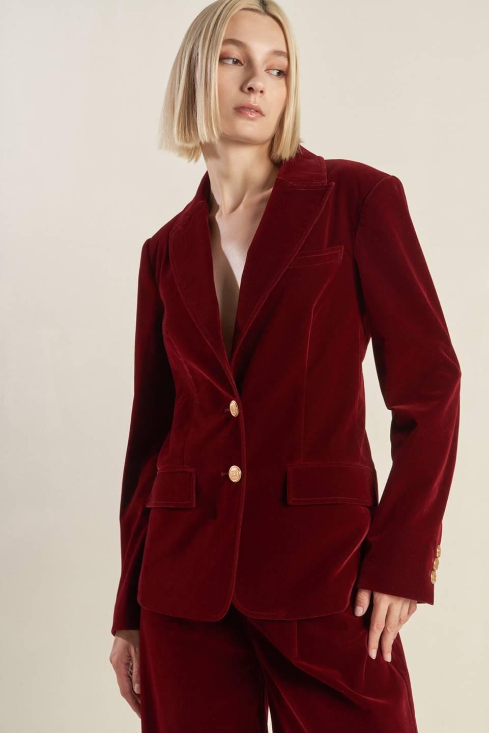 Coy Charm Velvet Blazer in Deep Burgundy Red