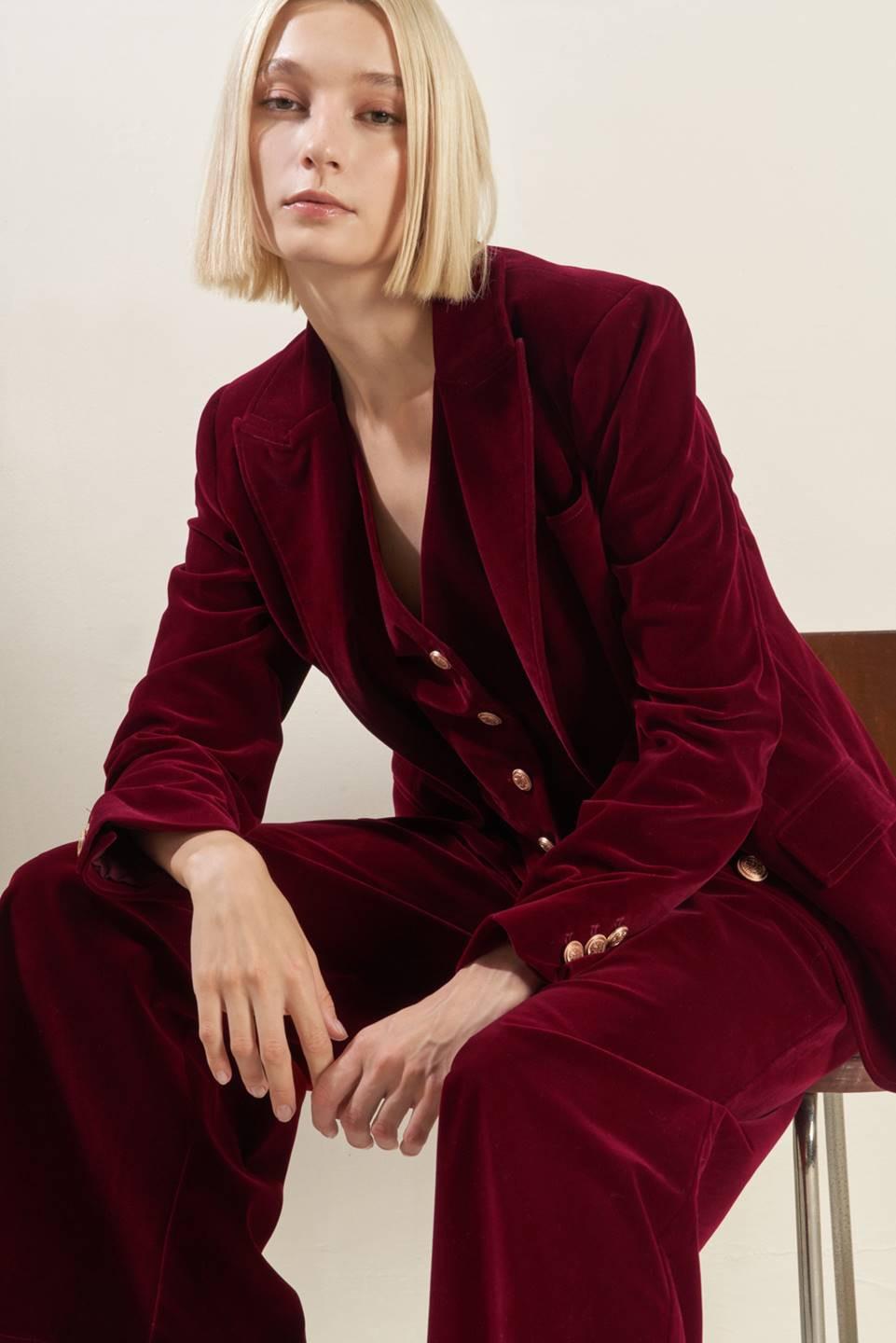 Coy Charm Velvet Blazer in Deep Burgundy Red