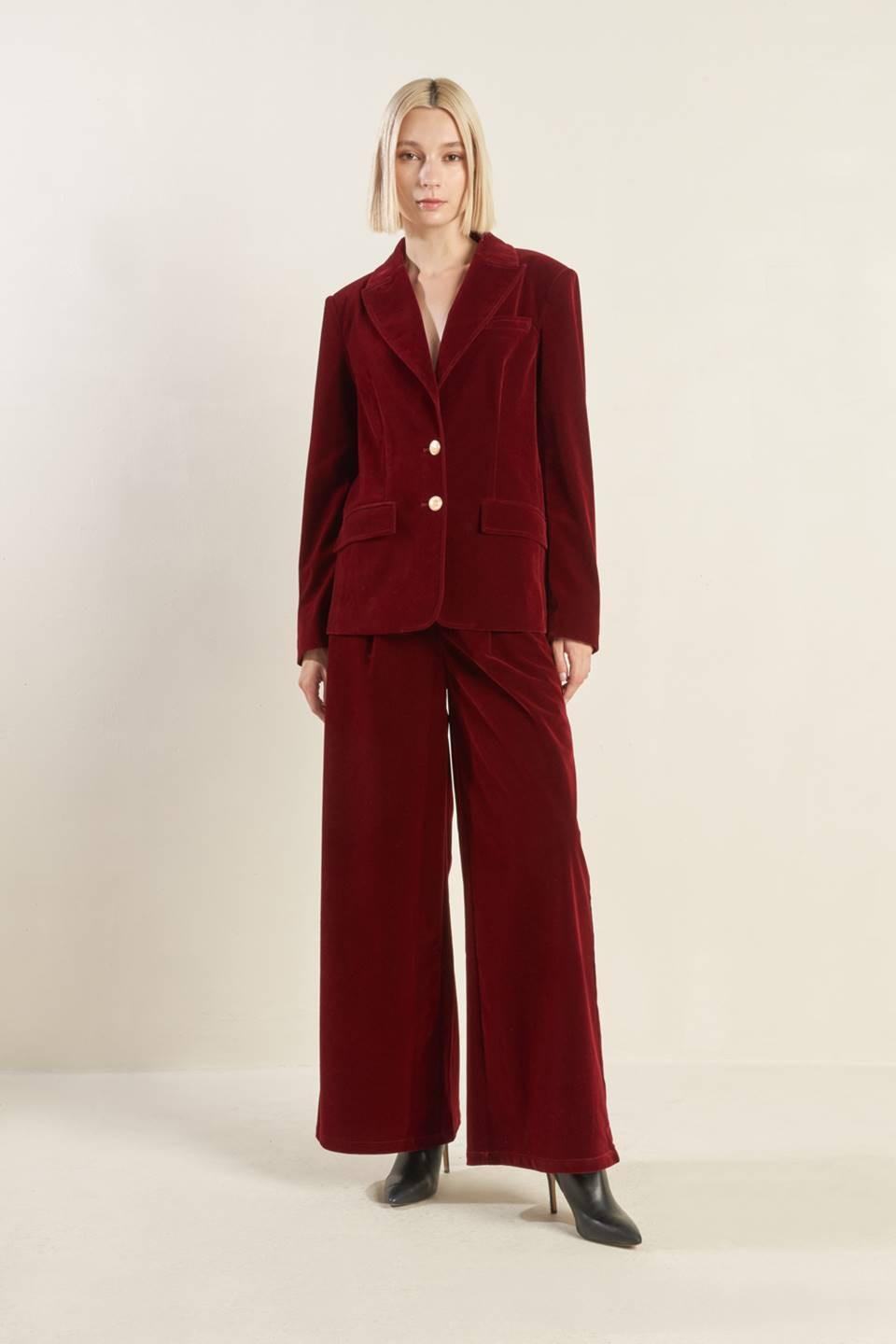 Coy Charm Velvet Blazer in Deep Burgundy Red