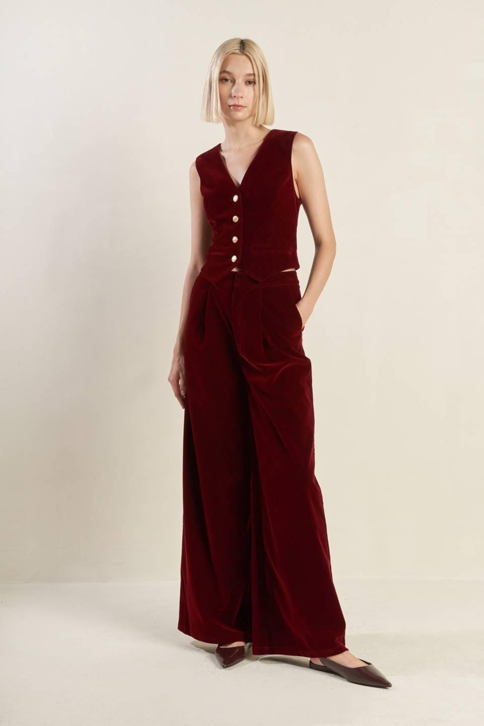 Deep Red Velvet Vest with Front Button Closure