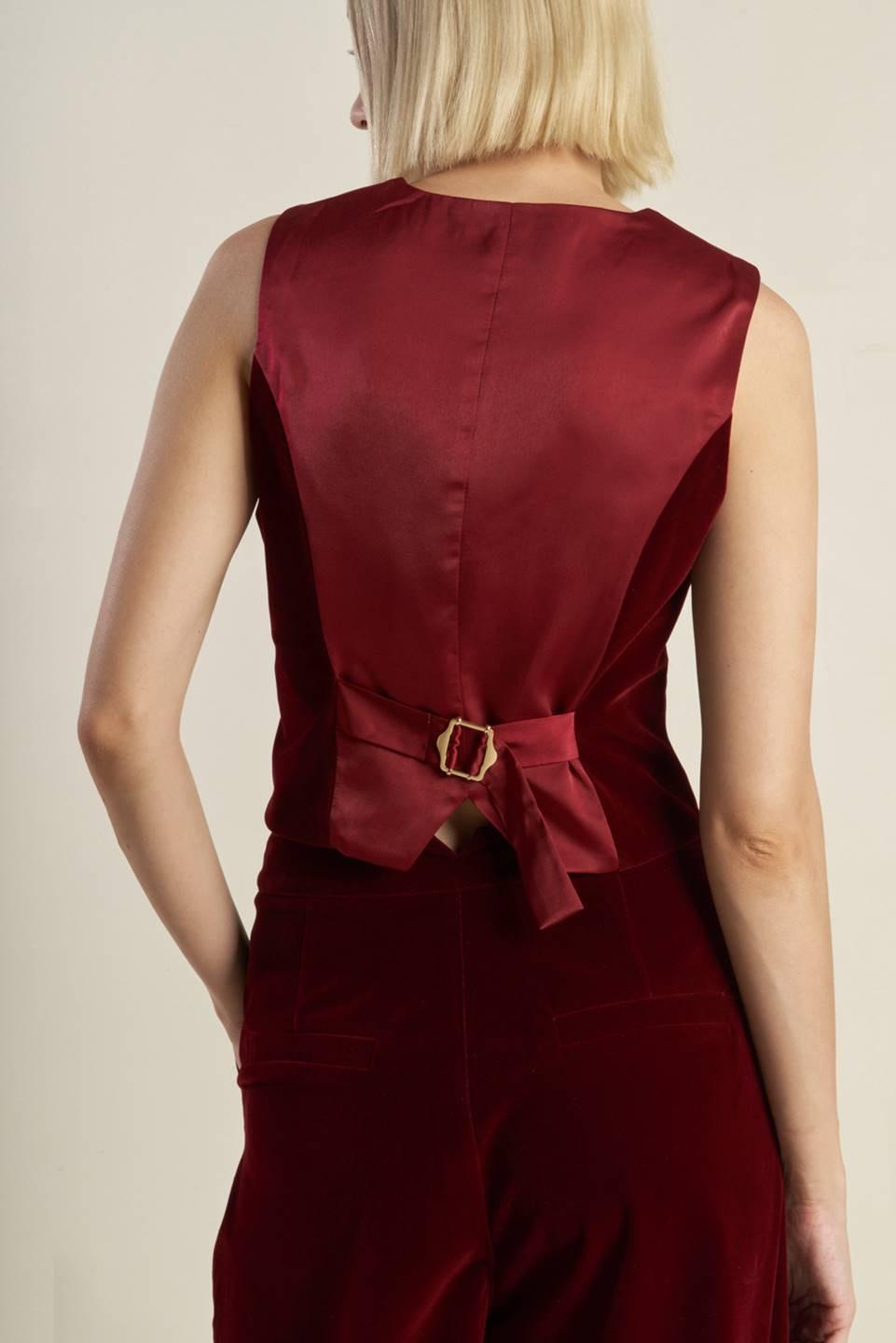 Deep Red Velvet Vest with Front Button Closure