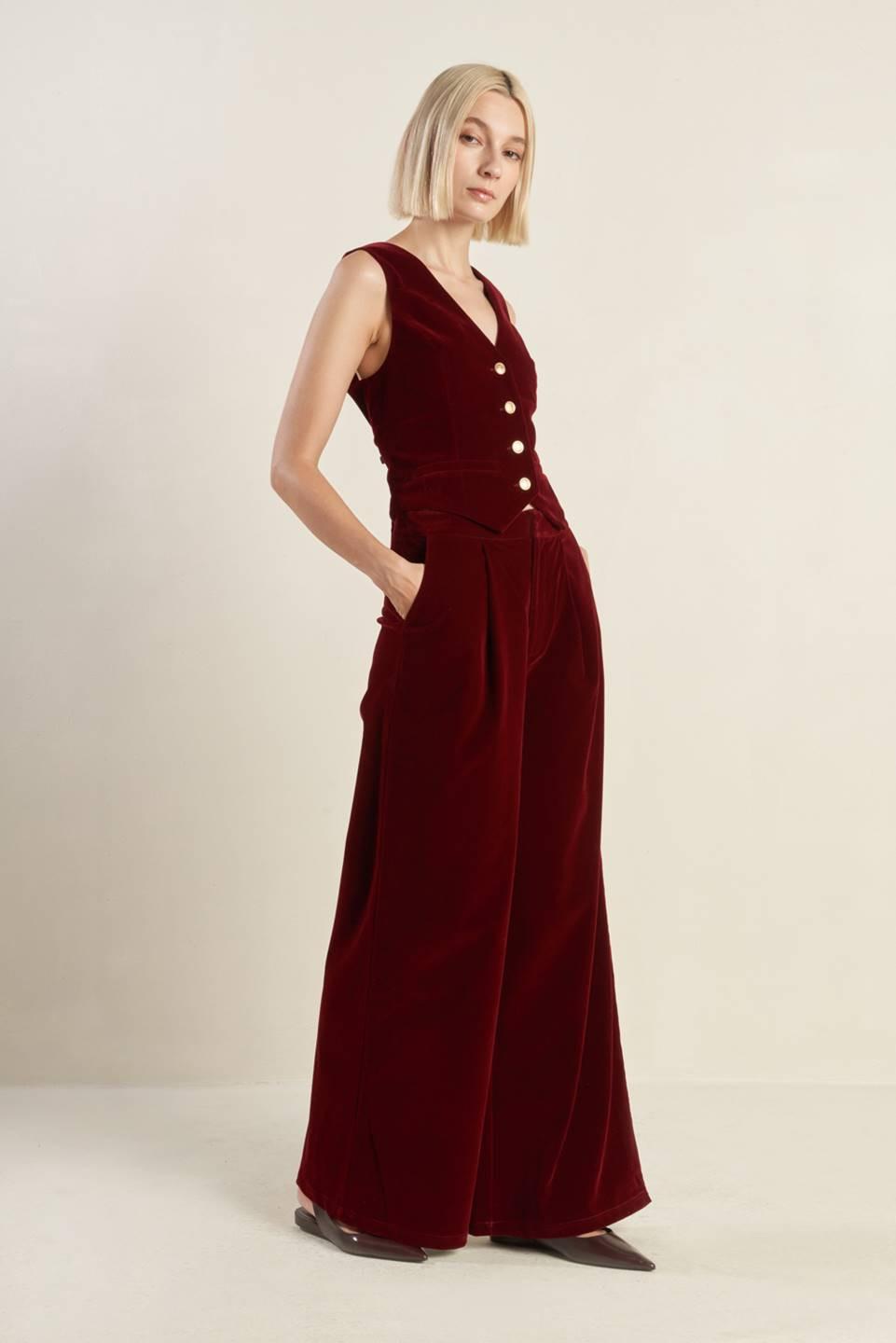 Deep Red Velvet Vest with Front Button Closure
