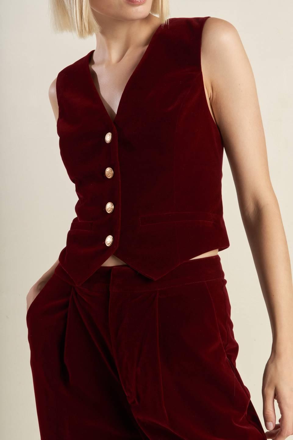 Deep Red Velvet Vest with Front Button Closure