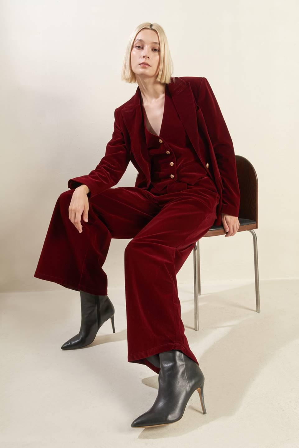 Deep Red Velvet Vest with Front Button Closure