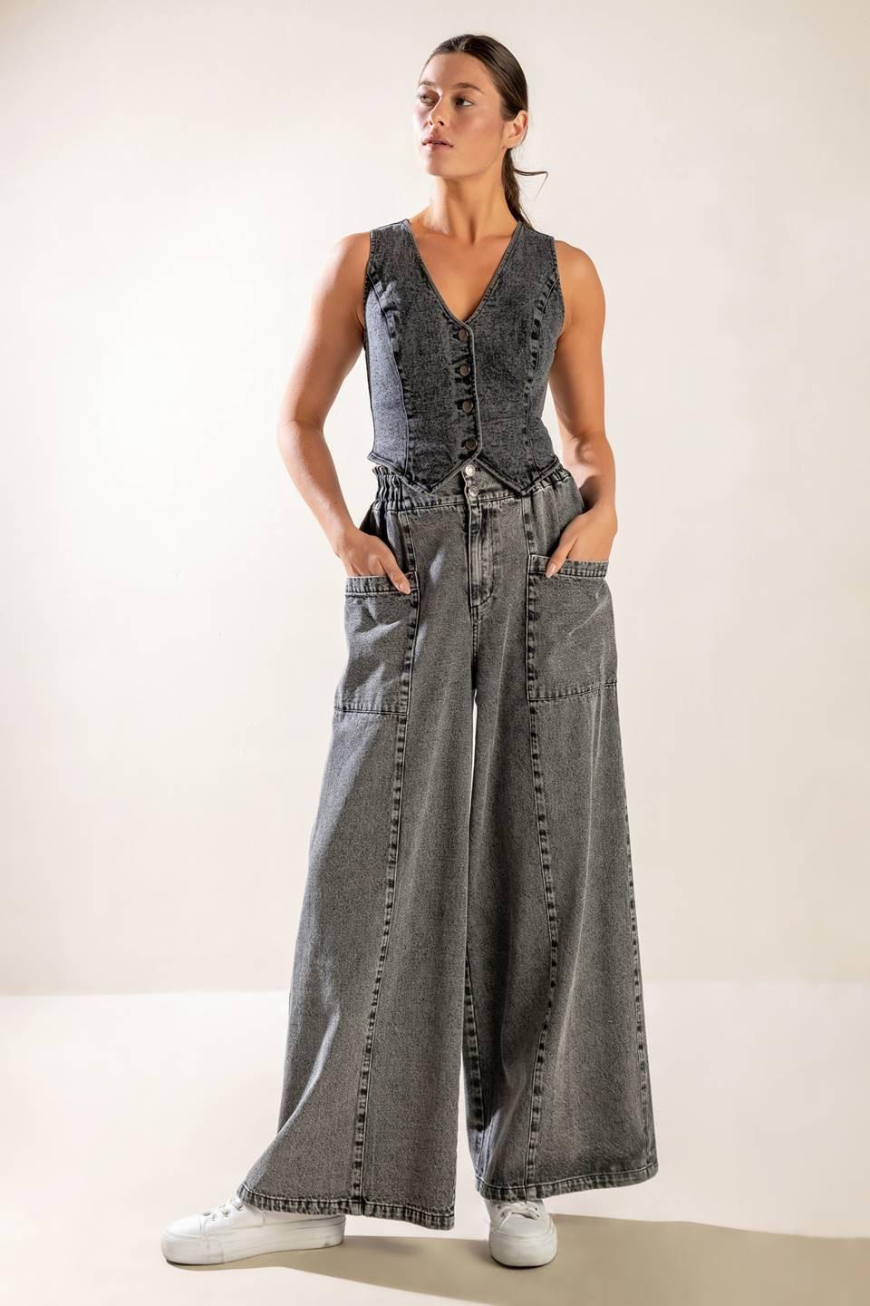 City Acid Wash Denim Vest Sleeveless Button Up Top - Image 3
