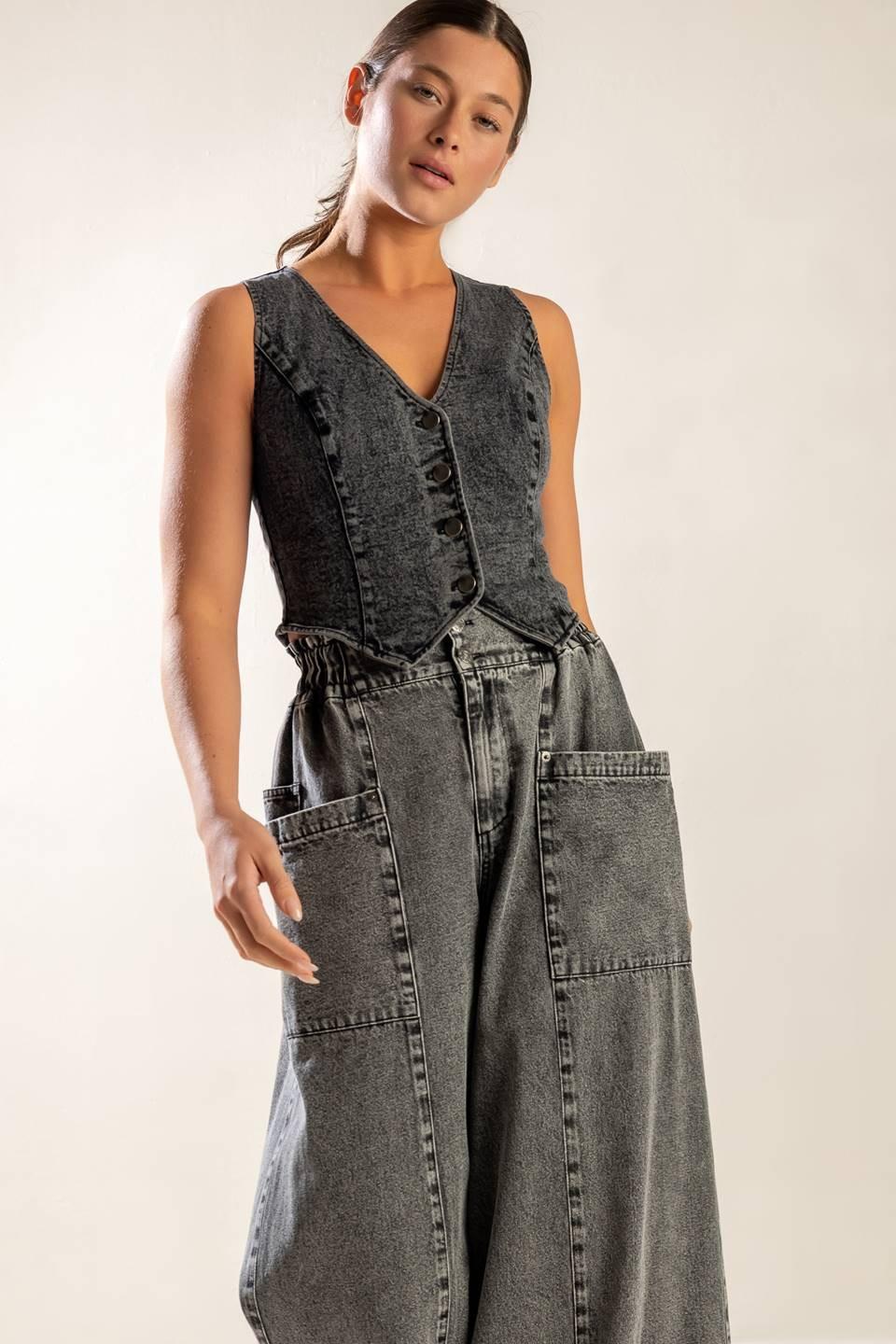 City Acid Wash Denim Vest Sleeveless Button Up Top - Image 4