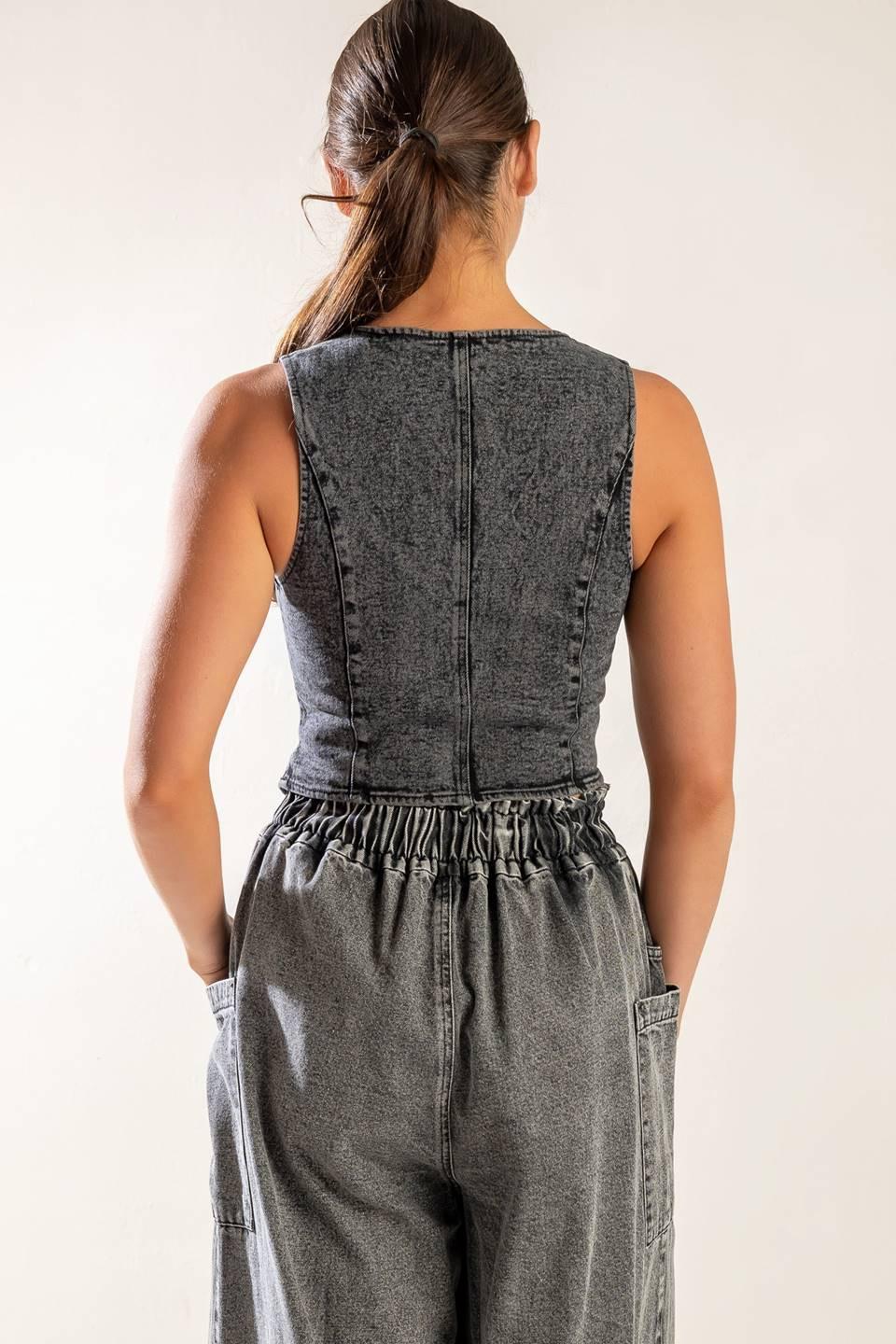 City Acid Wash Denim Vest Sleeveless Button Up Top - Image 2