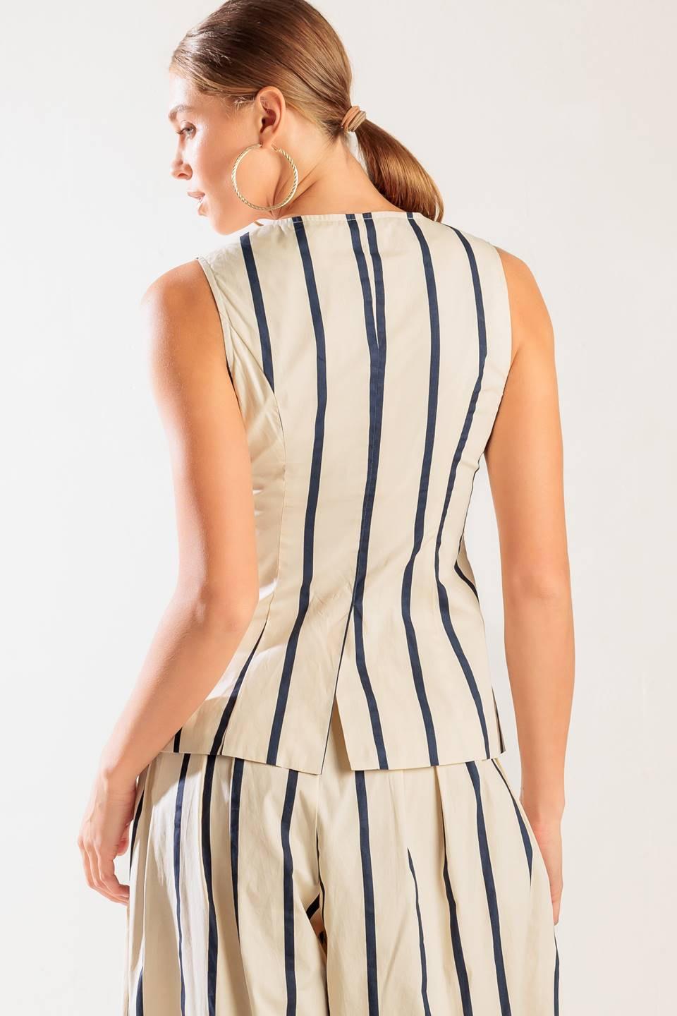 Striped Woven Button Down Vest in Cream and Navy - Image 2