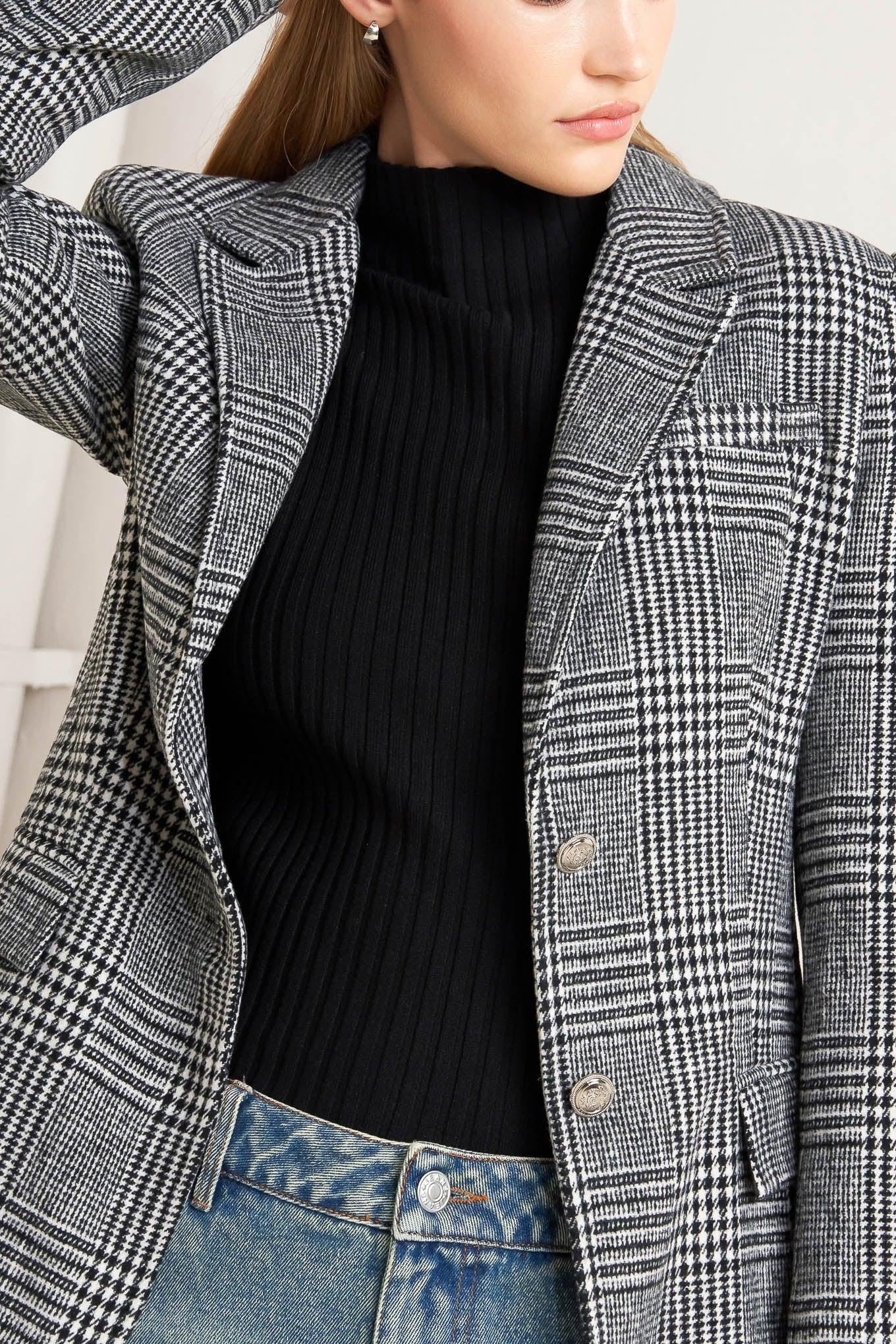 Black and White Plaid Woolen Woven Blazer Jacket - Image 2