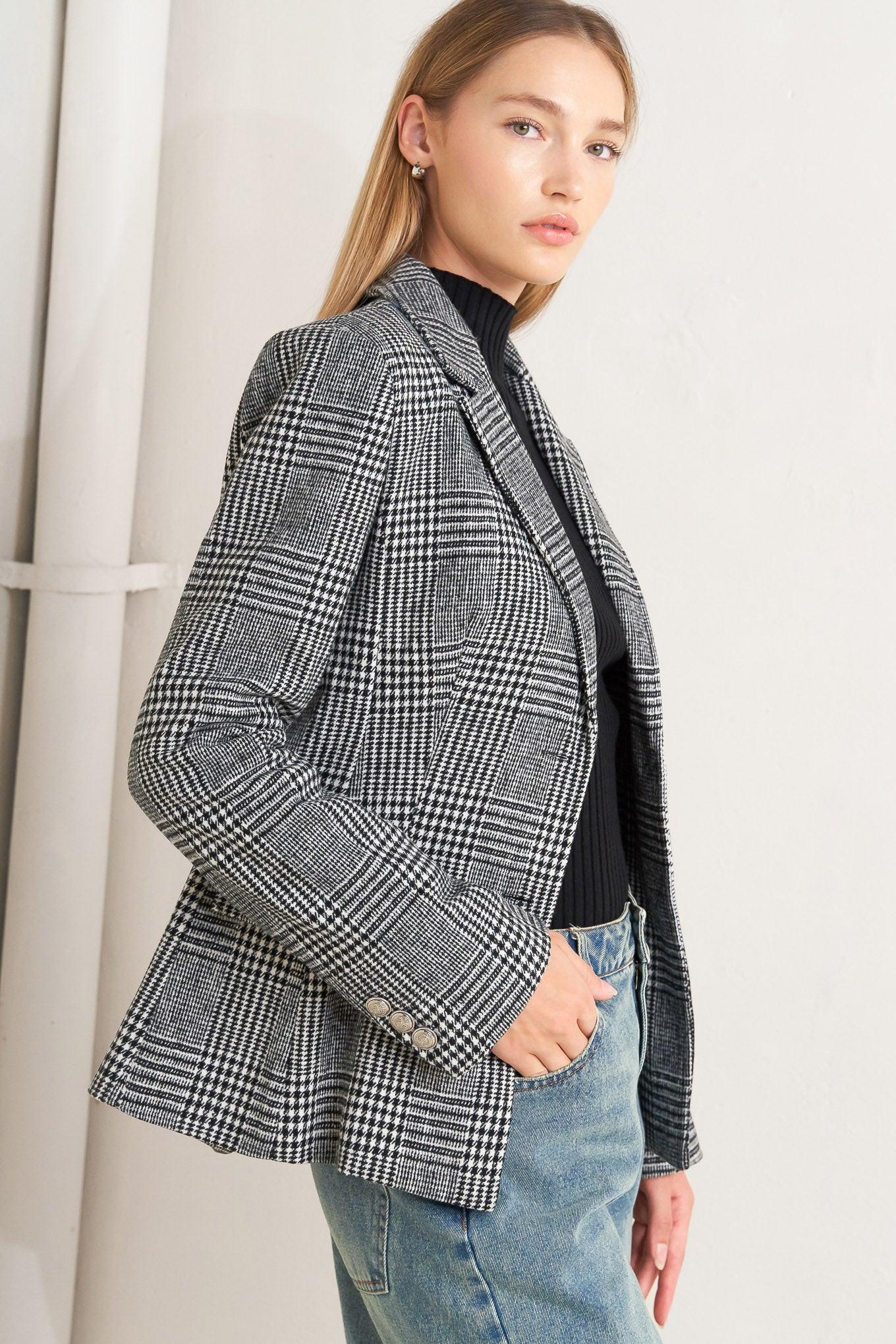 Black and White Plaid Woolen Woven Blazer Jacket - Image 4