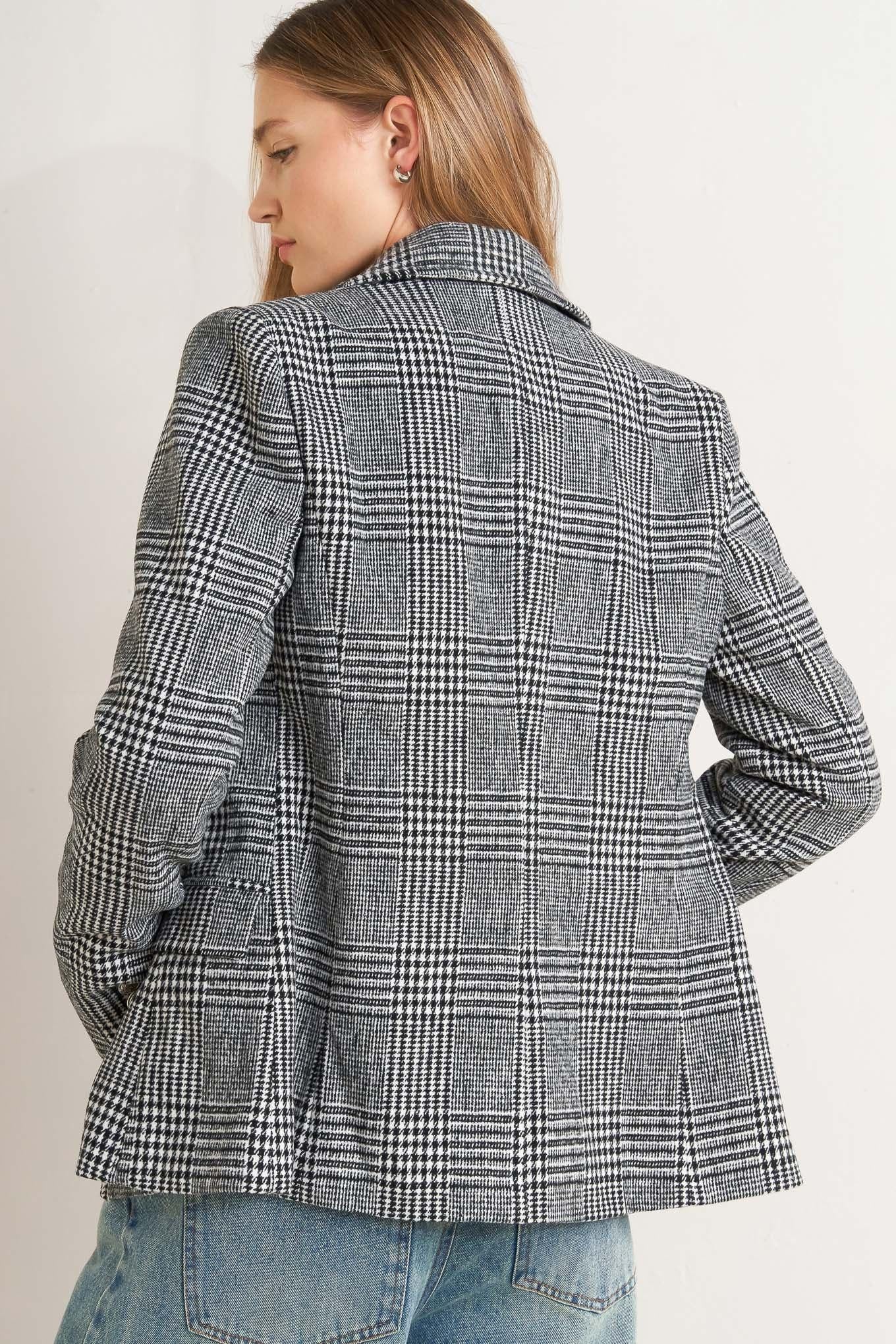 Black and White Plaid Woolen Woven Blazer Jacket - Image 5