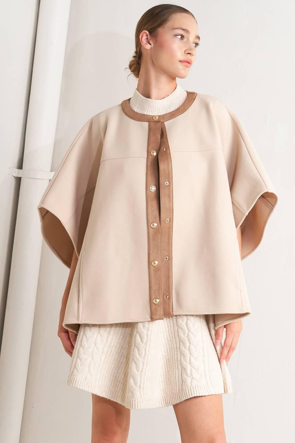 Beige Woven Felt Capelet with Faux Leather Trim Details