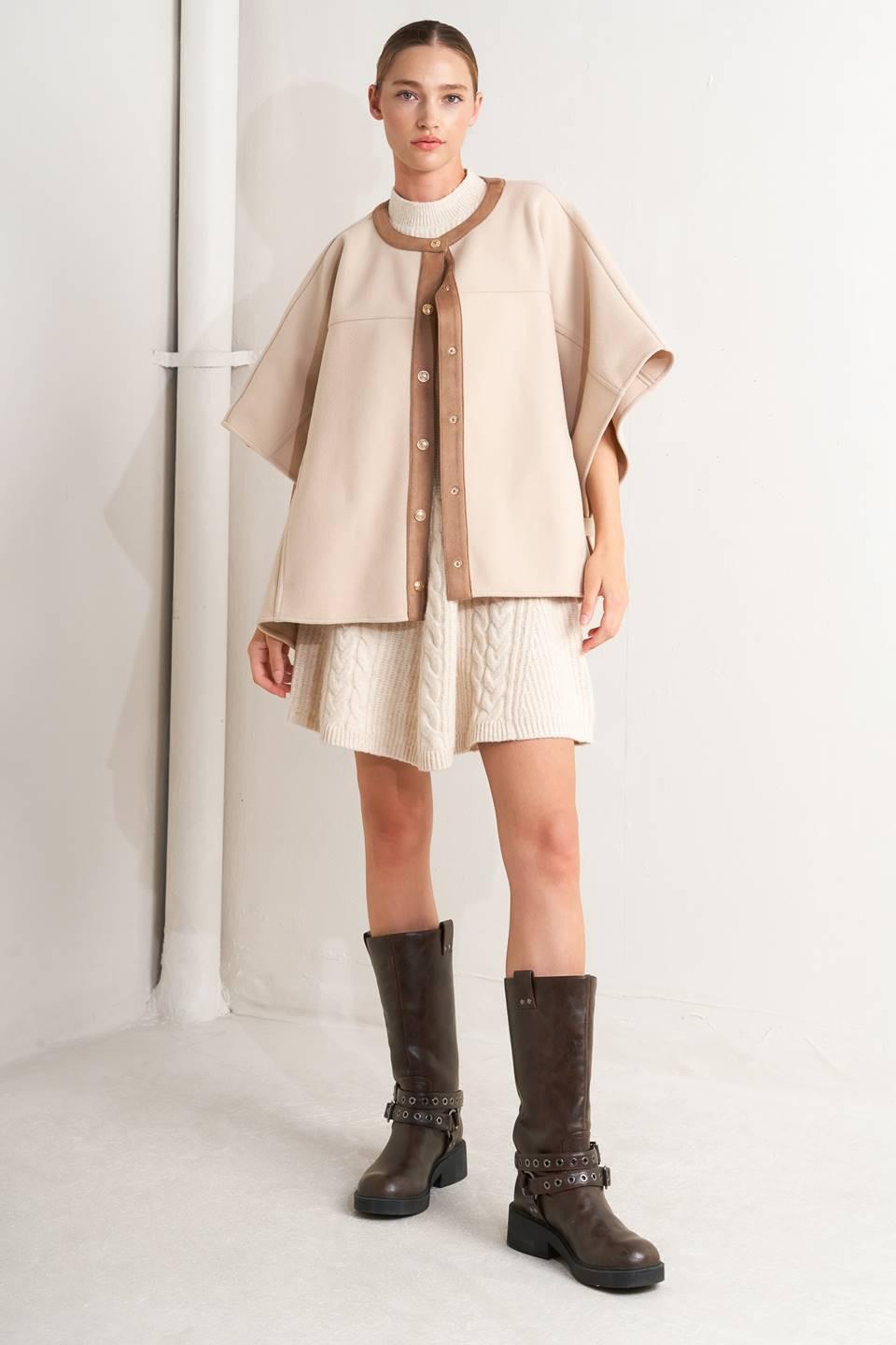 Beige Woven Felt Capelet with Faux Leather Trim Details