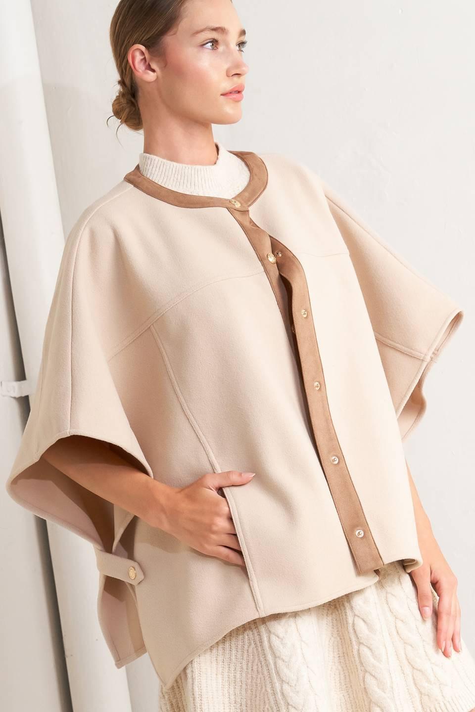 Beige Woven Felt Capelet with Faux Leather Trim Details
