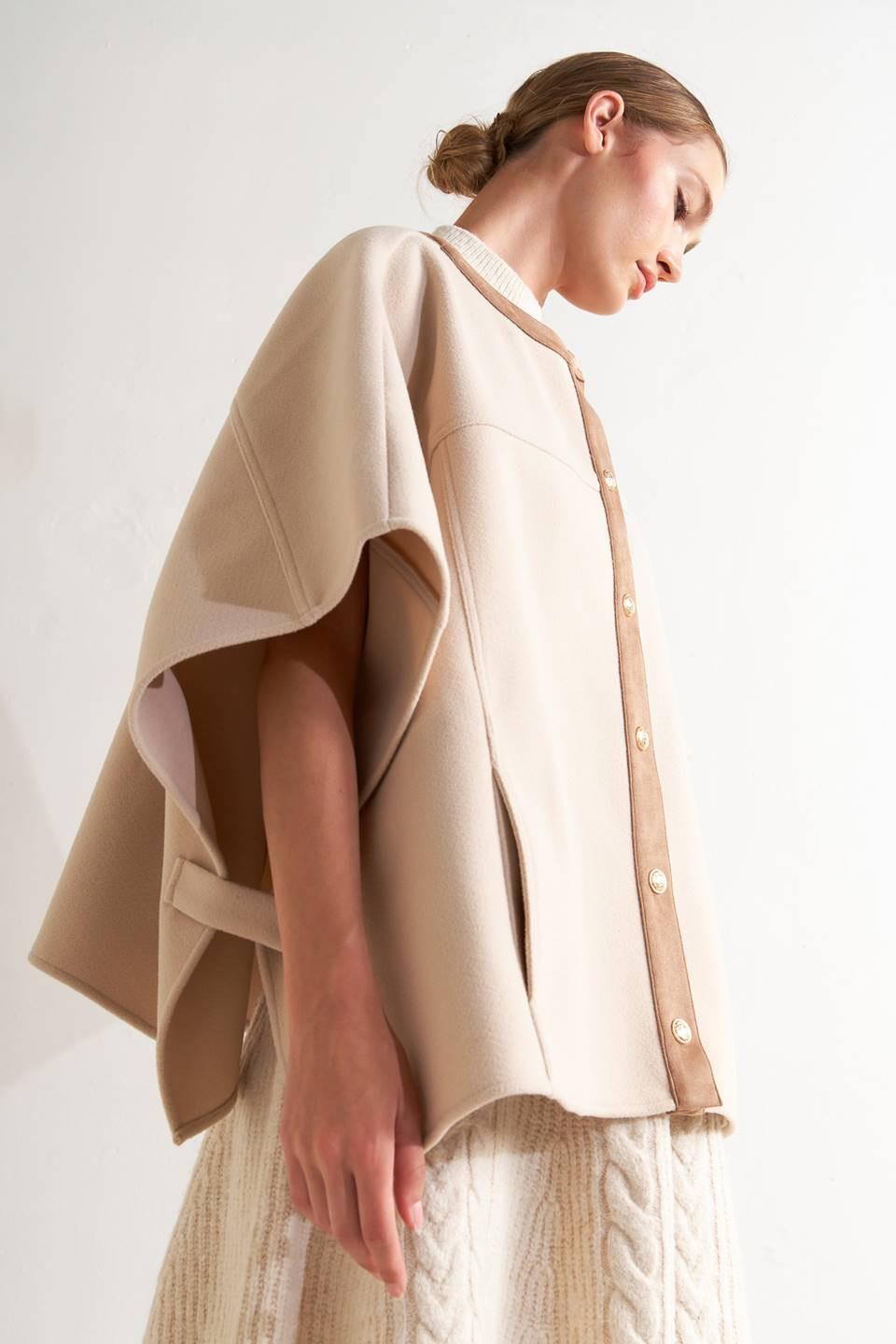 Beige Woven Felt Capelet with Faux Leather Trim Details