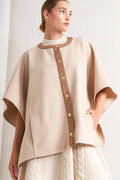Beige Woven Felt Capelet with Faux Leather Trim Details