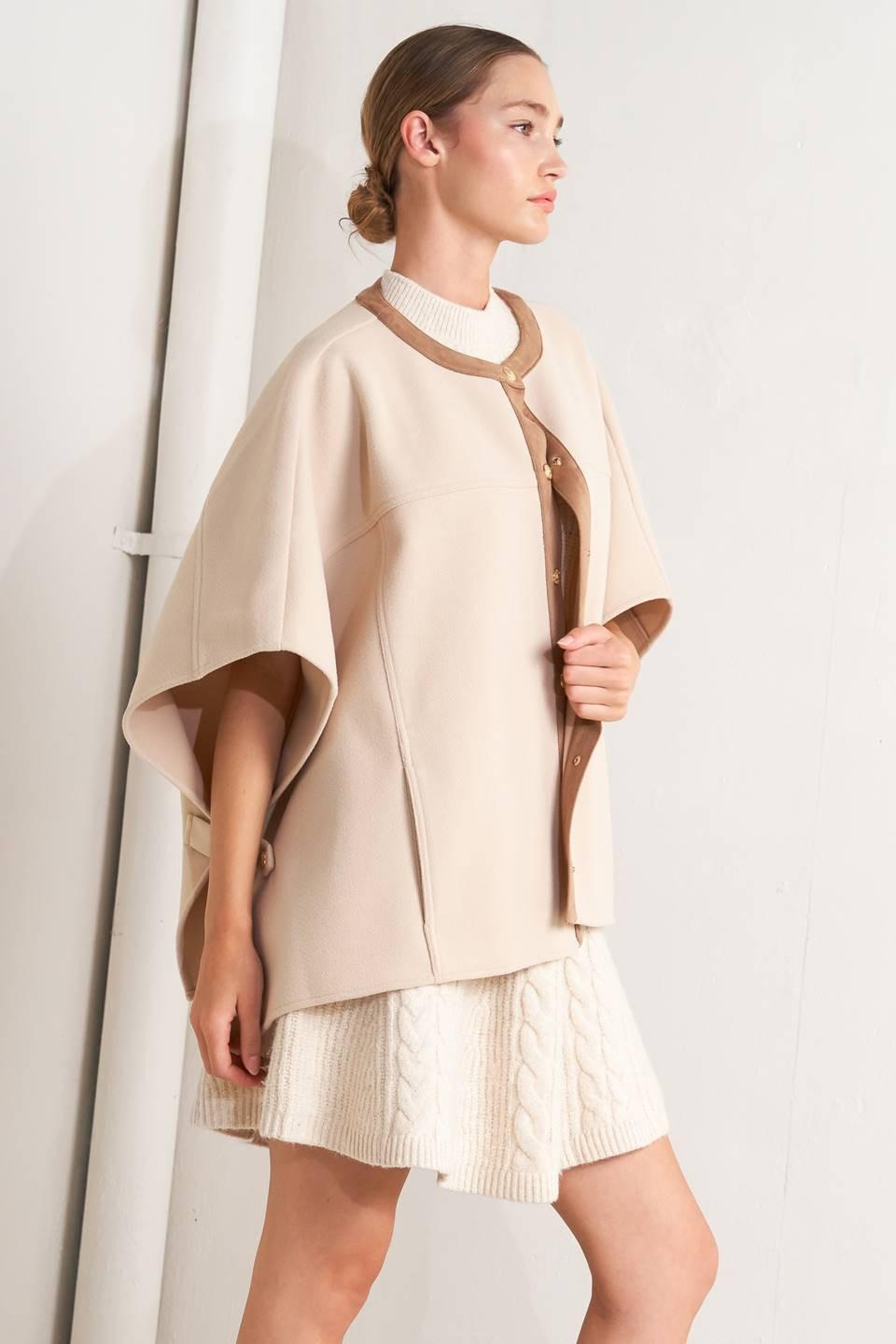 Beige Woven Felt Capelet with Faux Leather Trim Details