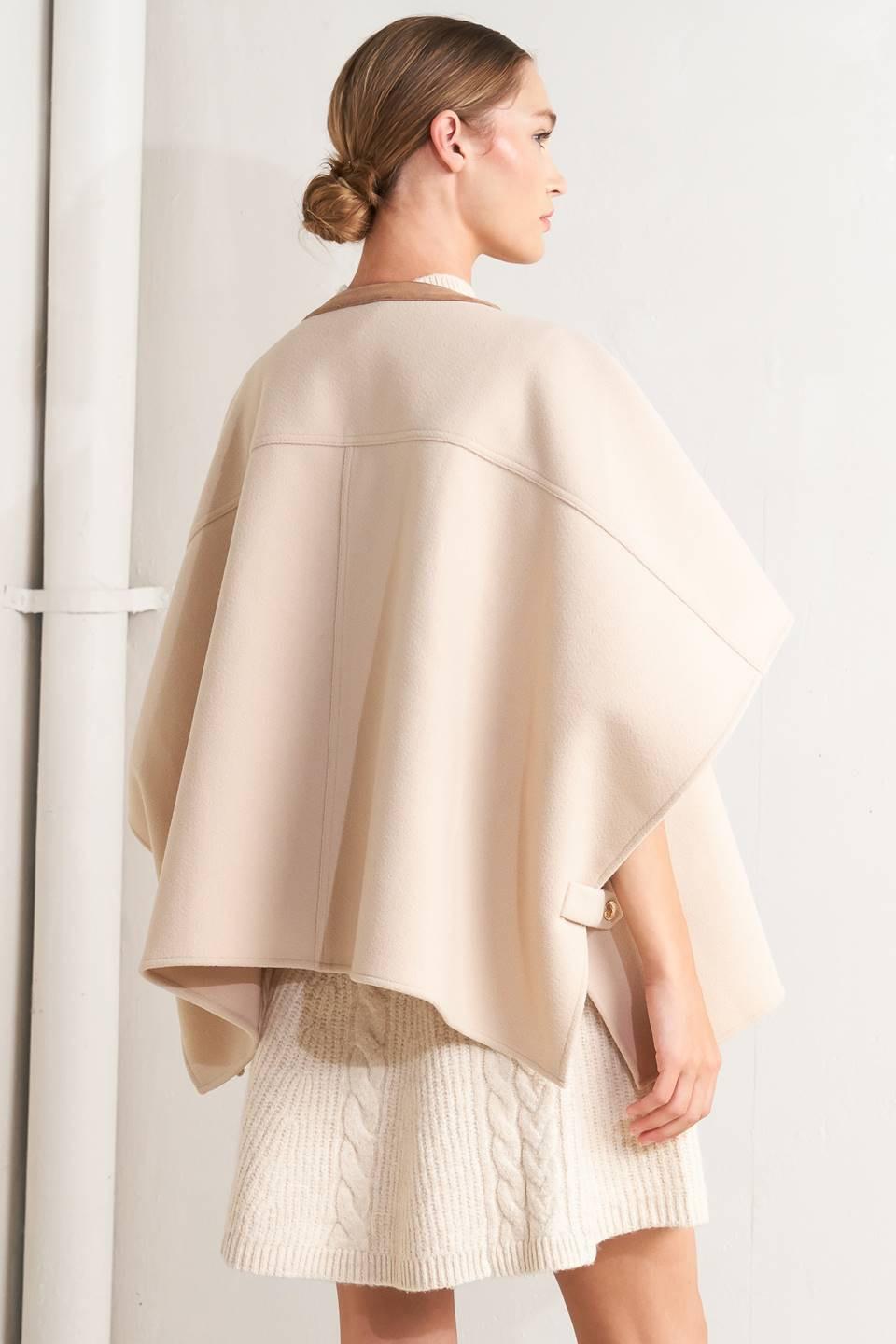Beige Woven Felt Capelet with Faux Leather Trim Details