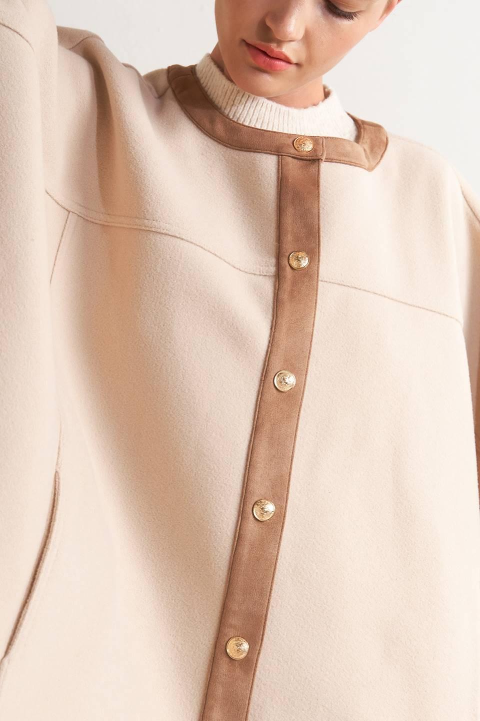 Beige Woven Felt Capelet with Faux Leather Trim Details