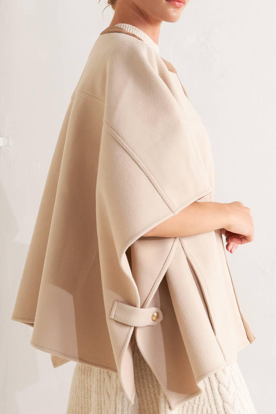 Beige Woven Felt Capelet with Faux Leather Trim Details