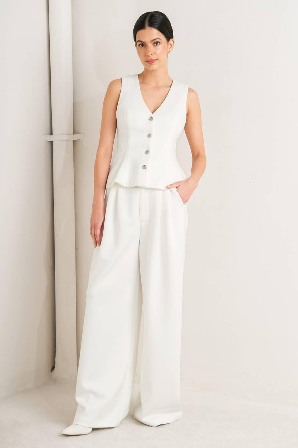 Woven V-Neck Button Down Vest in White