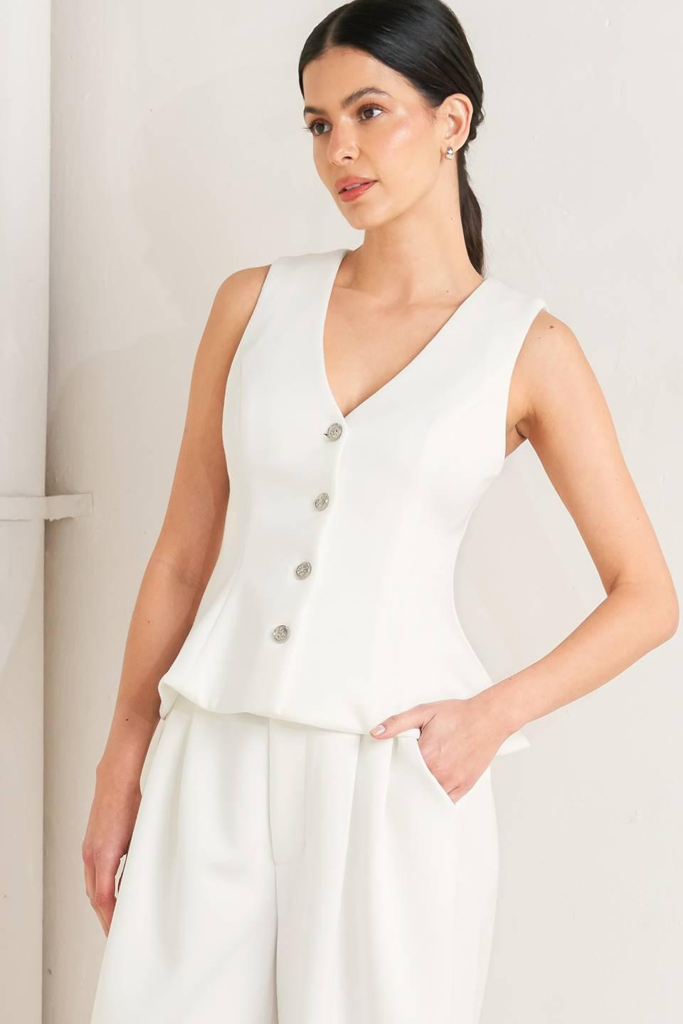 Woven V-Neck Button Down Vest in White