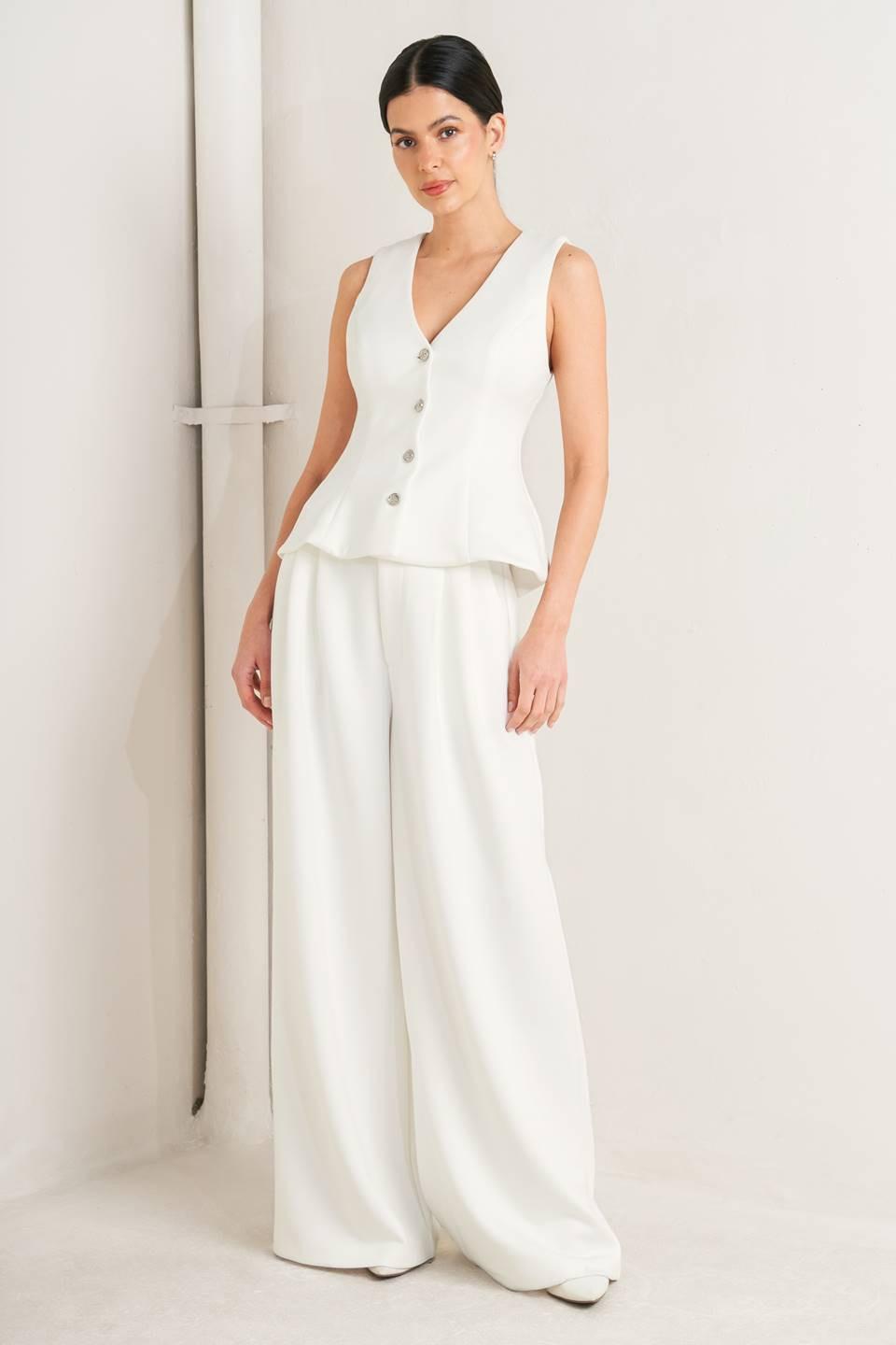 Woven V-Neck Button Down Vest in White