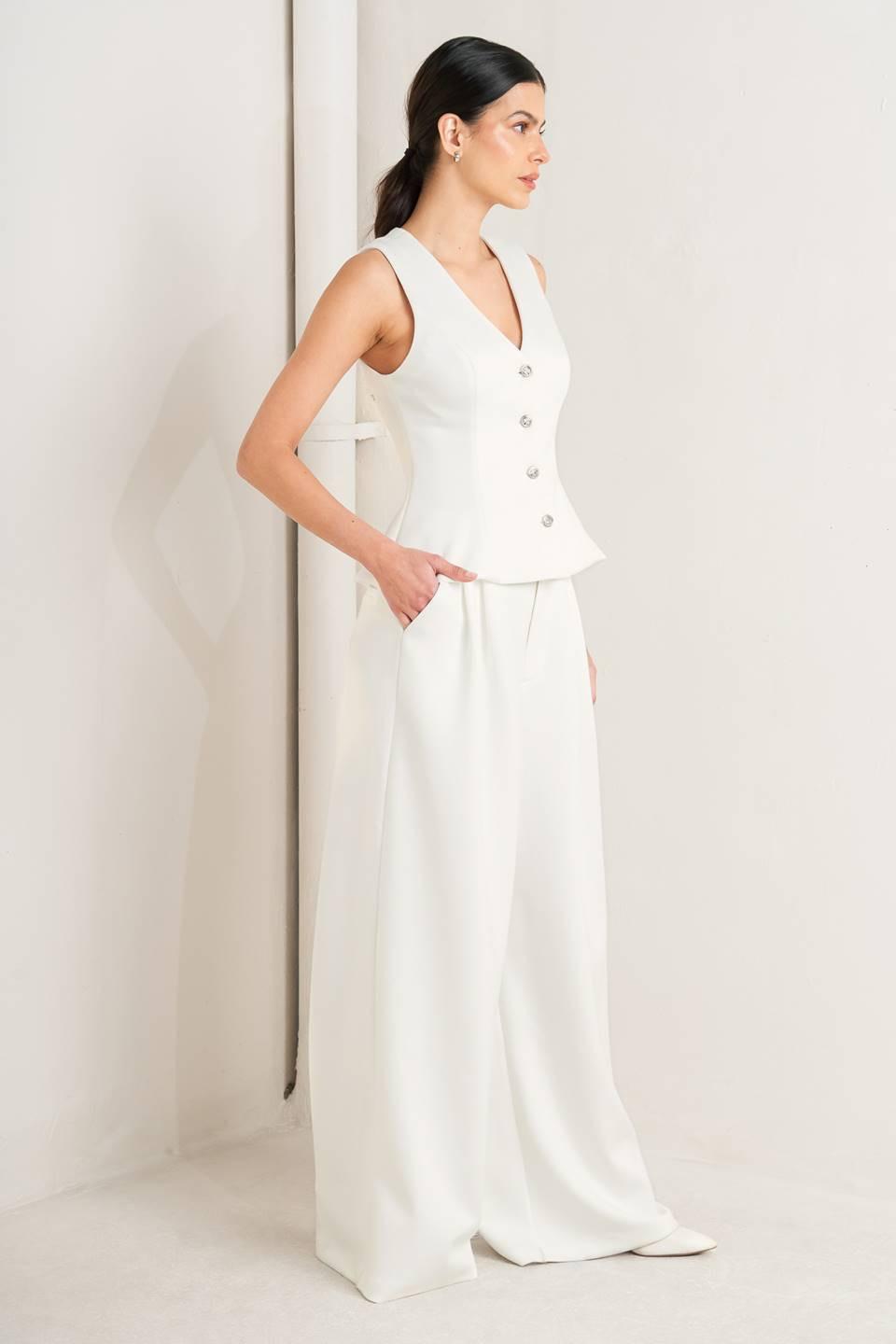 Woven V-Neck Button Down Vest in White