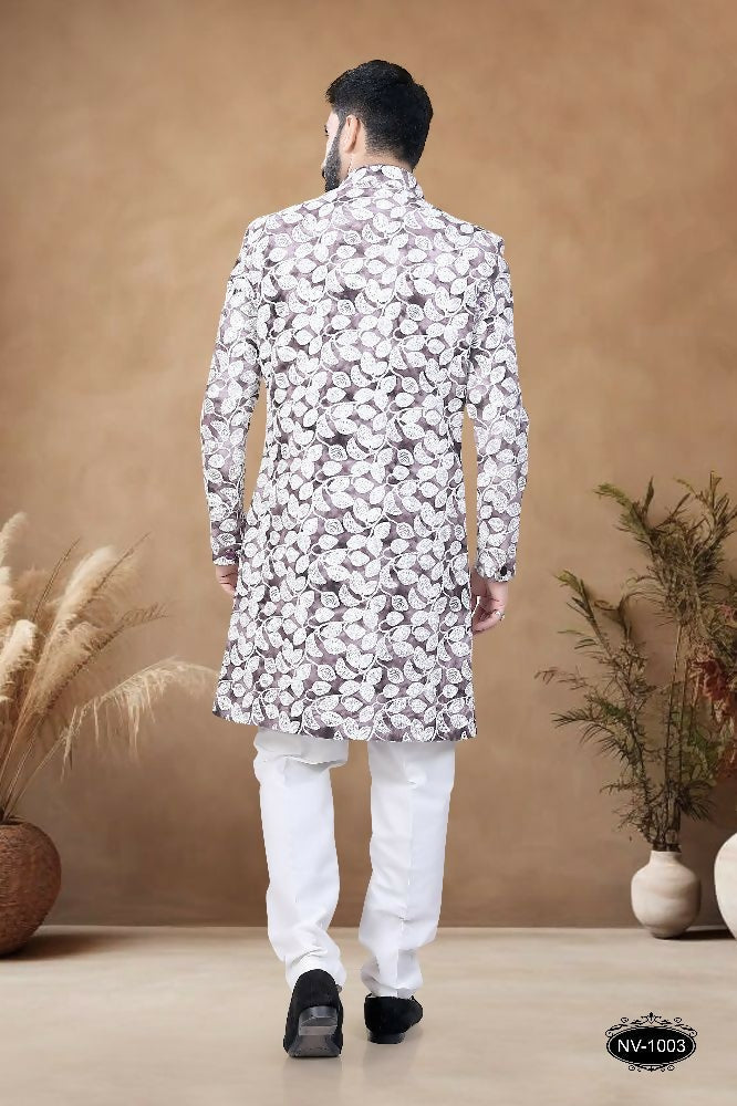 Men's Brown Suede Velvet Indo-Western Kurta Set with Embroidery