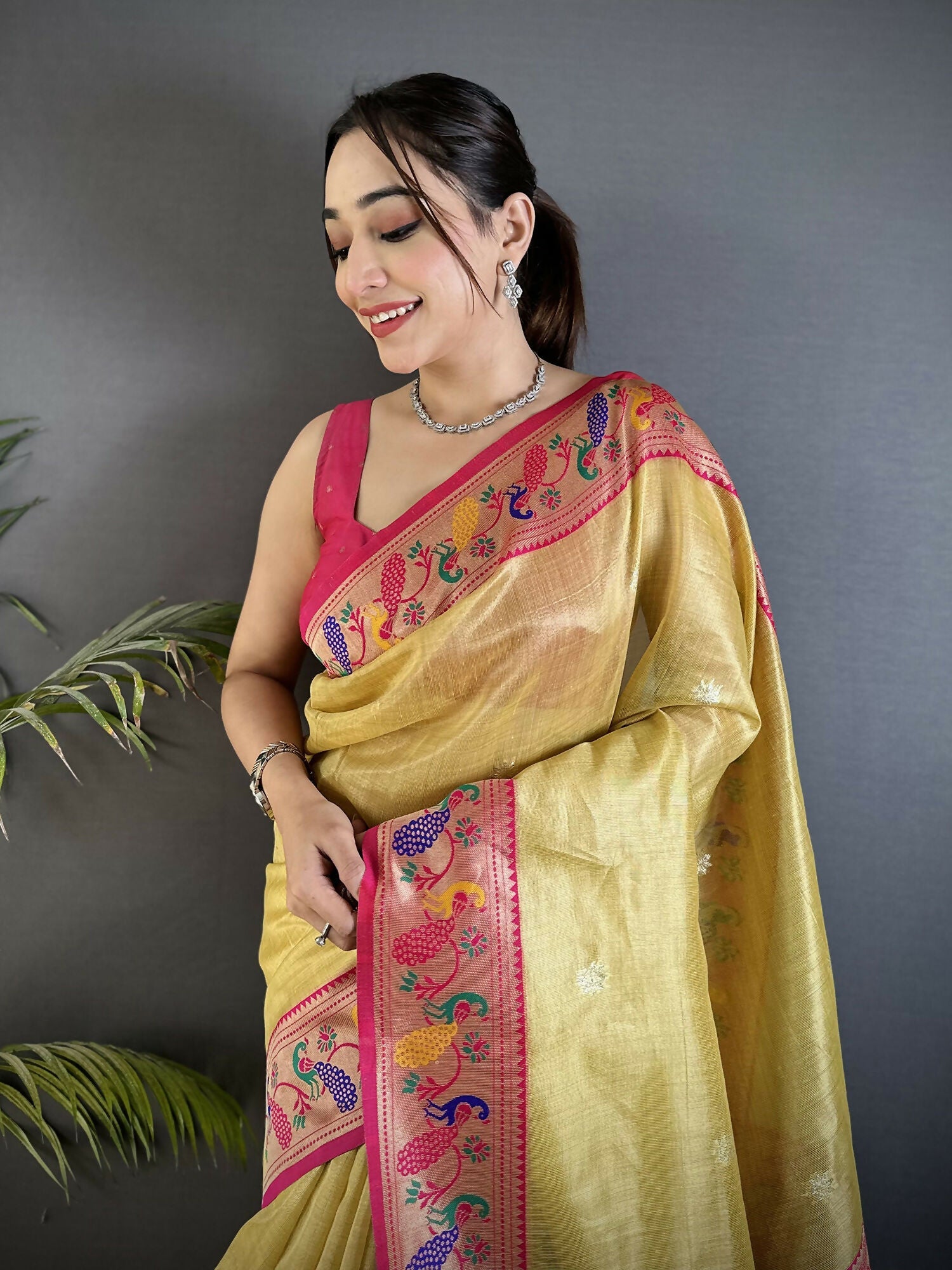 Golden Yellow Zari Weaving Tissue Paithani Saree with Magenta Blouse