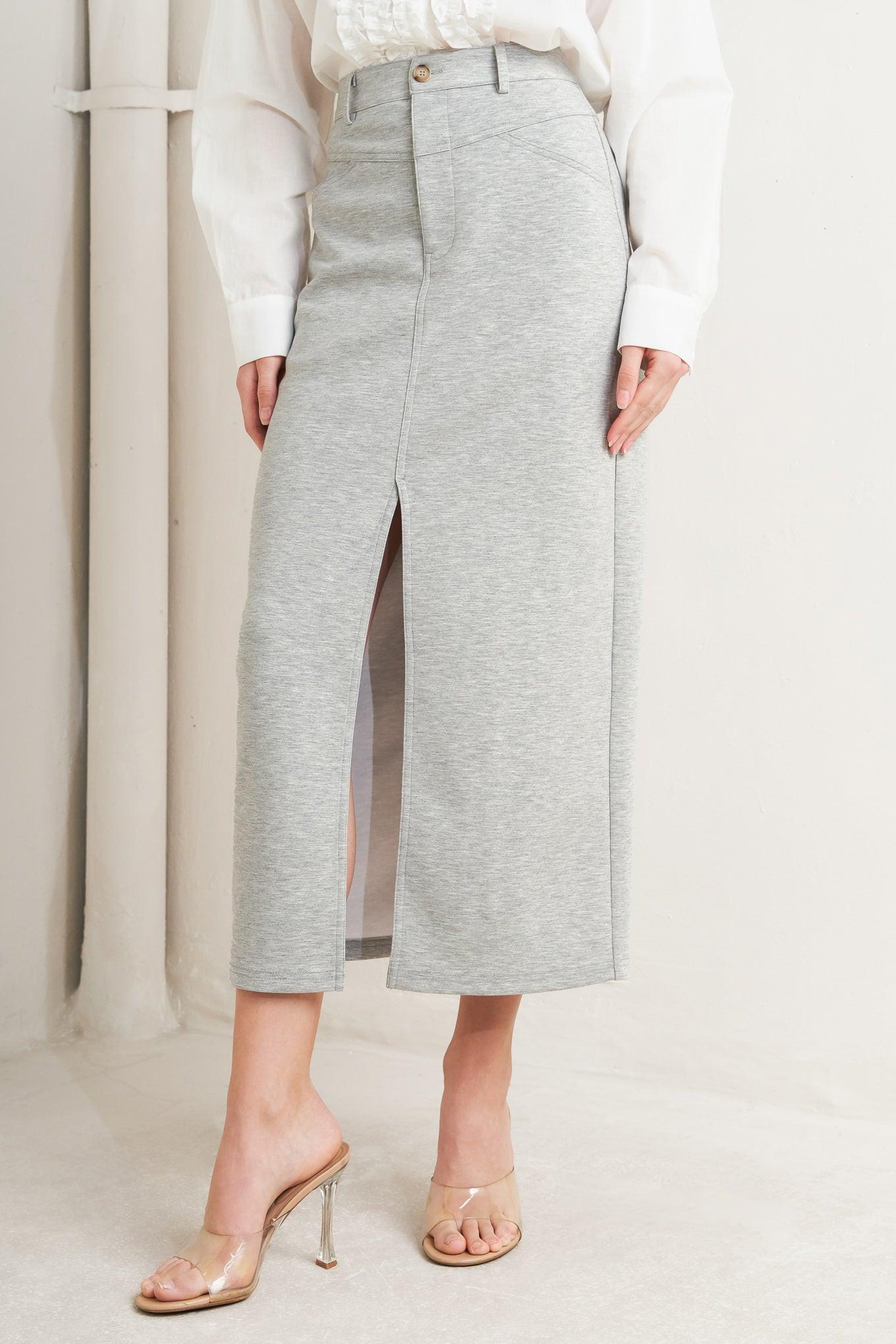 Lovely By Nature Grey Knit Midi Pencil Skirt with Front Slit