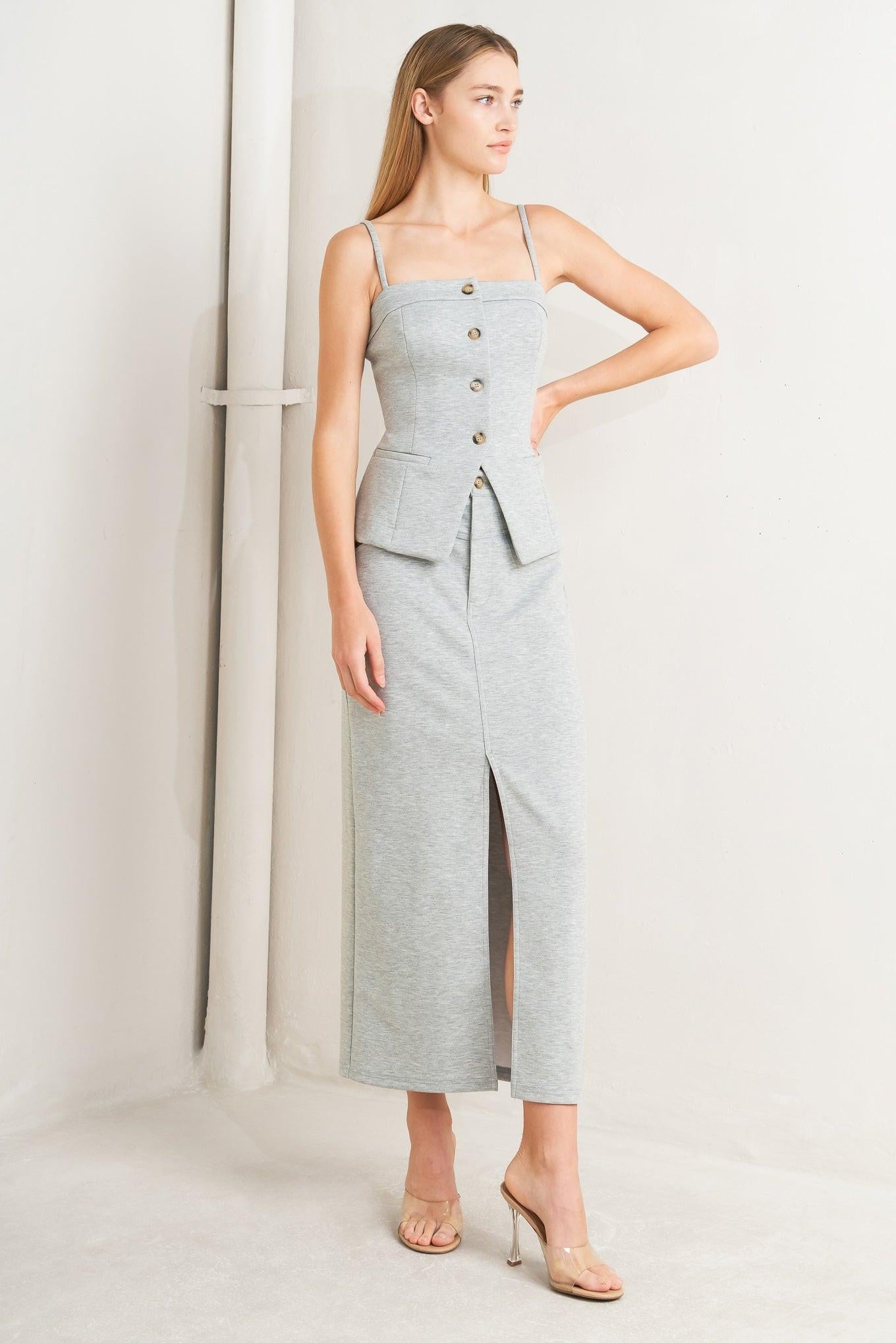 Lovely By Nature Grey Knit Midi Pencil Skirt with Front Slit