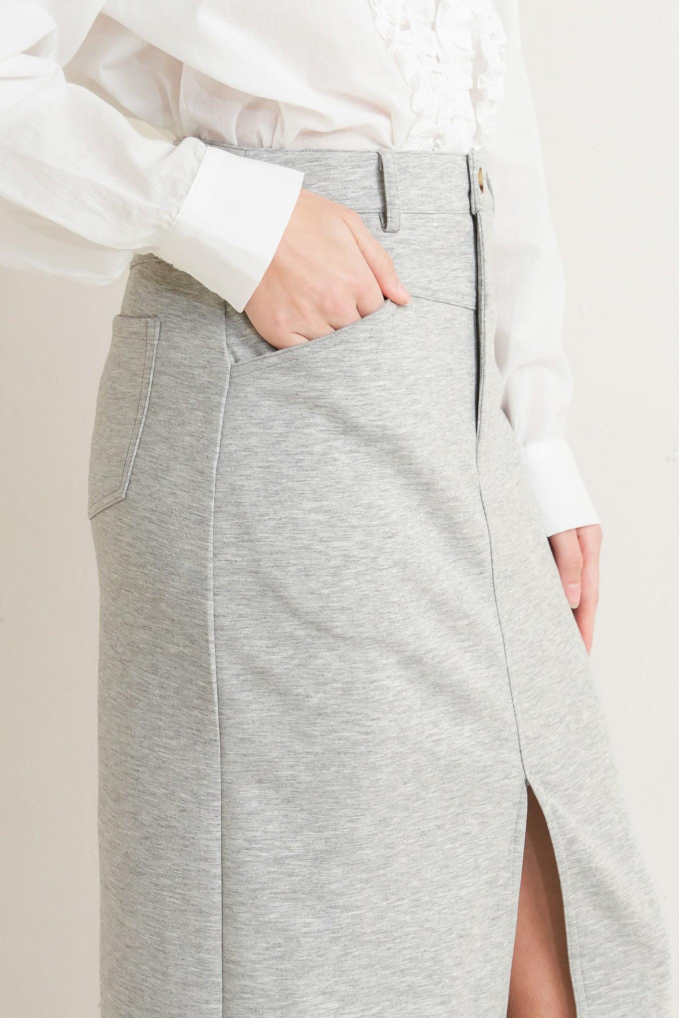 Lovely By Nature Grey Knit Midi Pencil Skirt with Front Slit