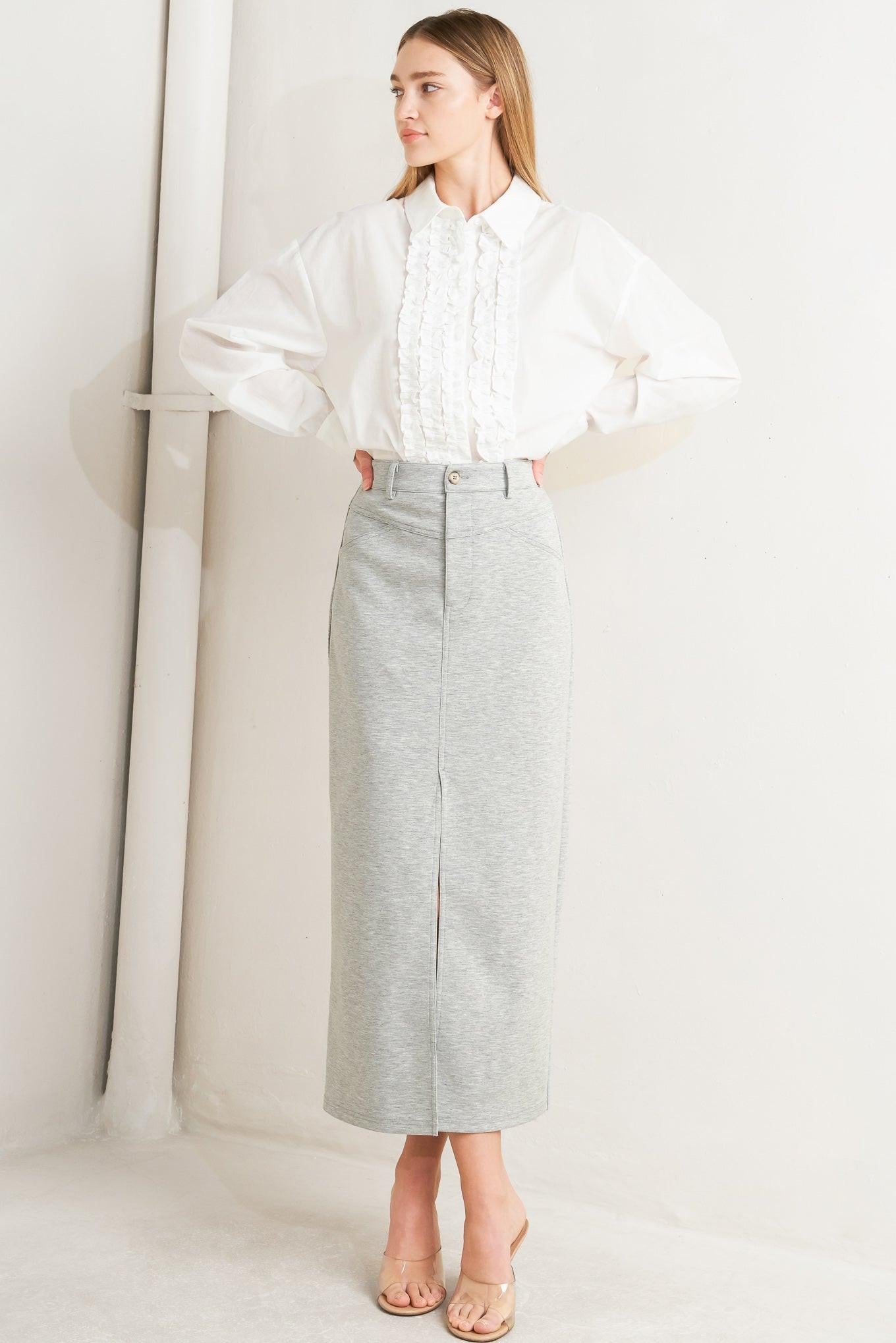 Lovely By Nature Grey Knit Midi Pencil Skirt with Front Slit