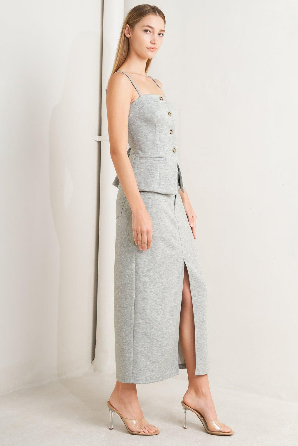 Lovely By Nature Grey Knit Midi Pencil Skirt with Front Slit