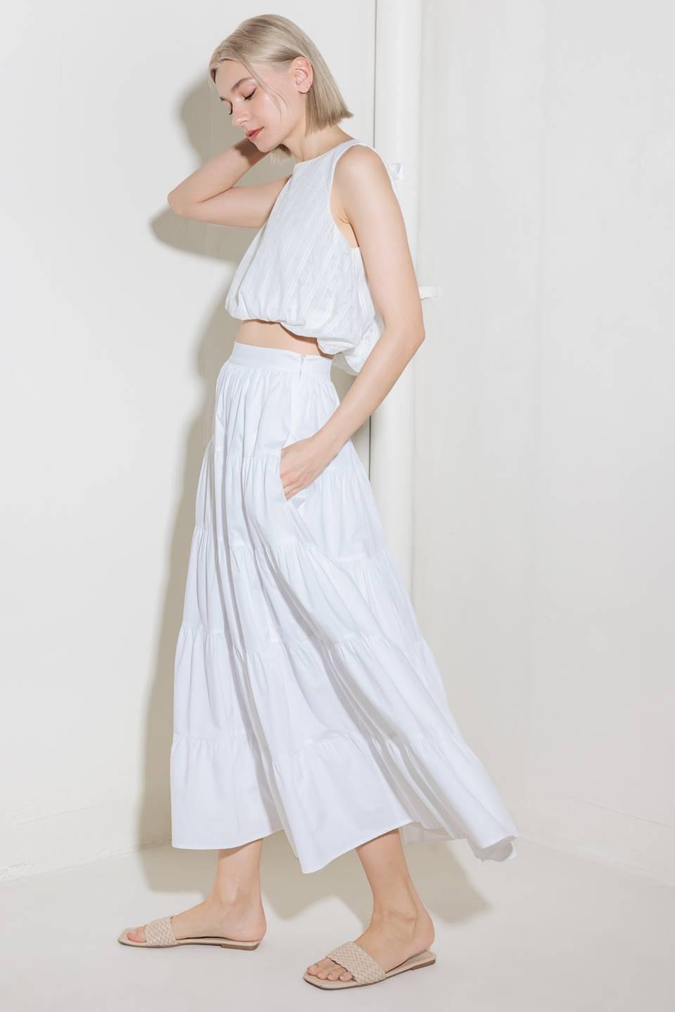 White Woven Tiered Midi Skirt with Side Pockets - Image 3