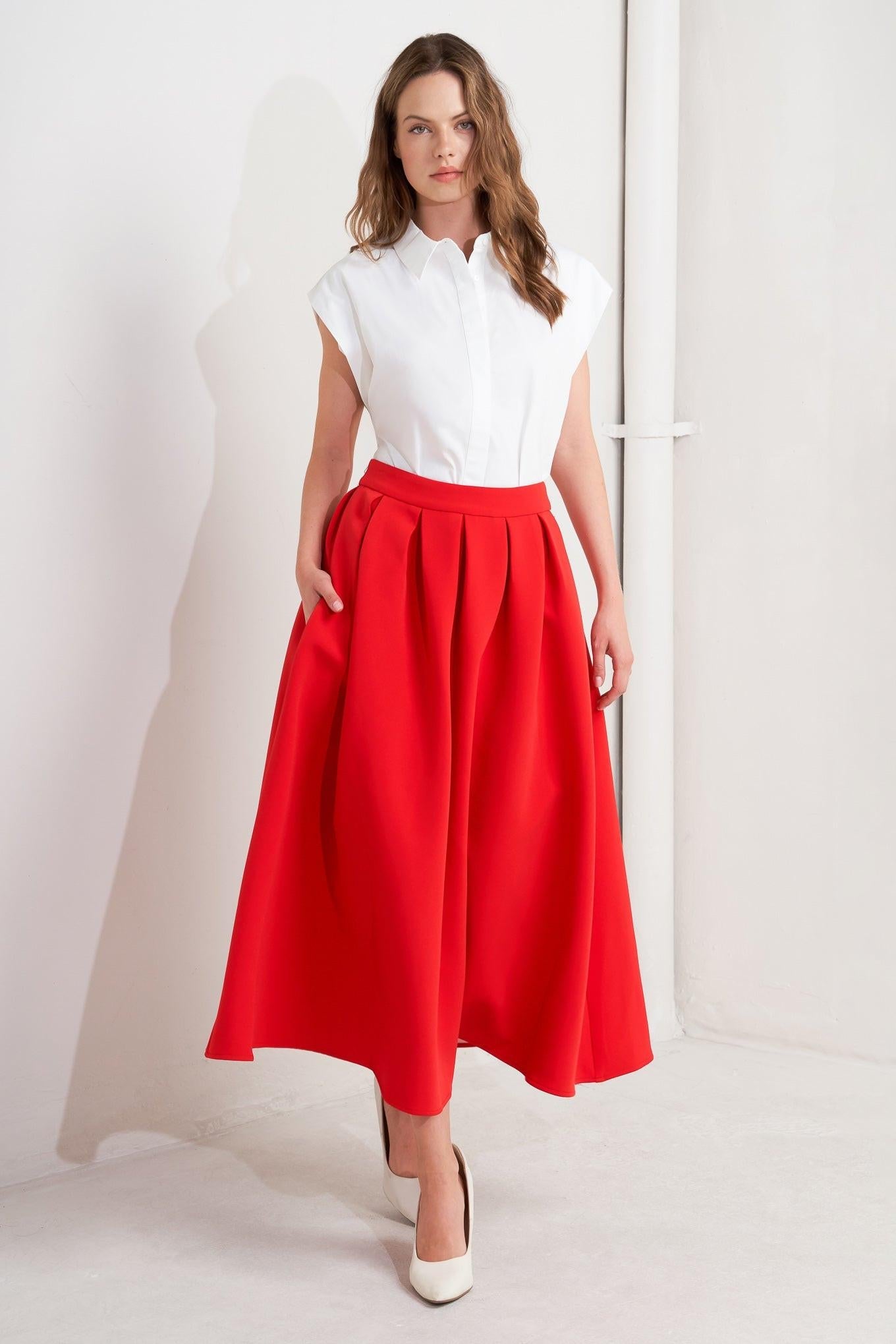 Solid Red Woven Full Midi Skirt with Pockets - Image 5