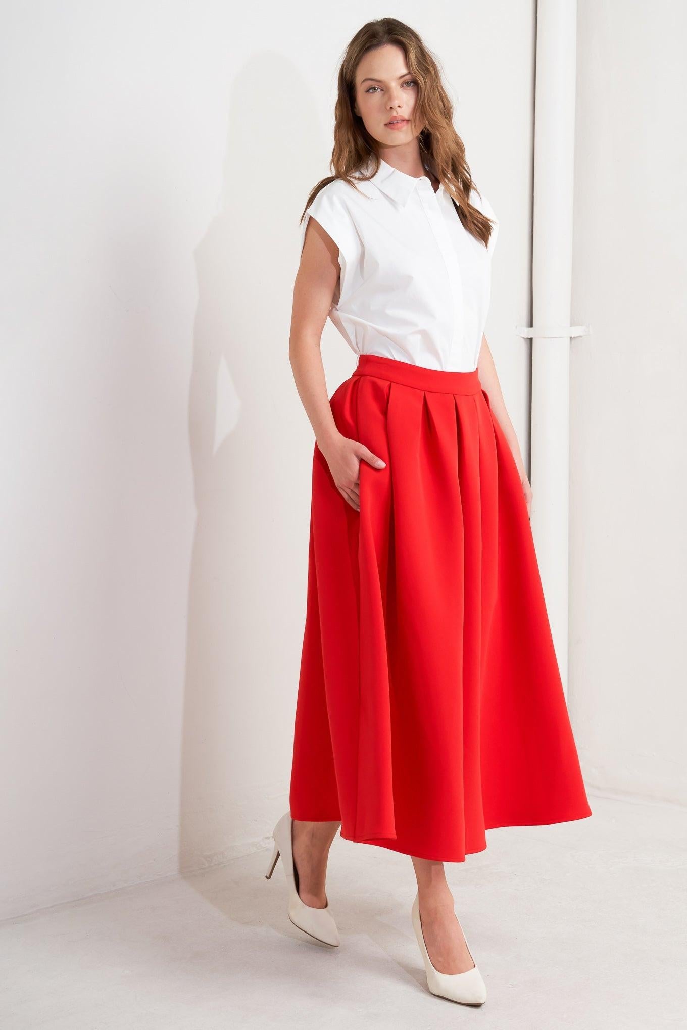 Solid Red Woven Full Midi Skirt with Pockets - Image 4