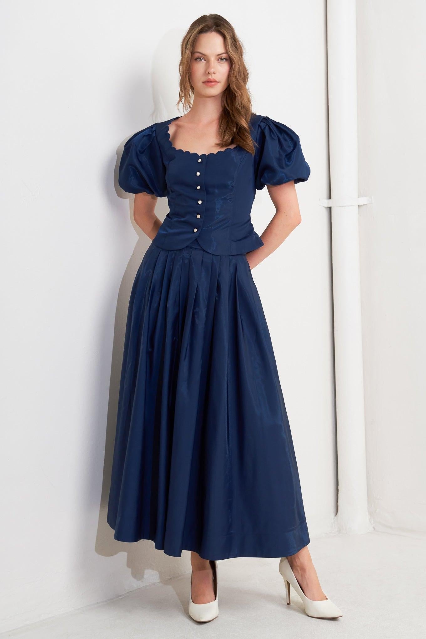 Navy Woven Pleated Midi Skirt High Waist Flared Bottom - Image 3