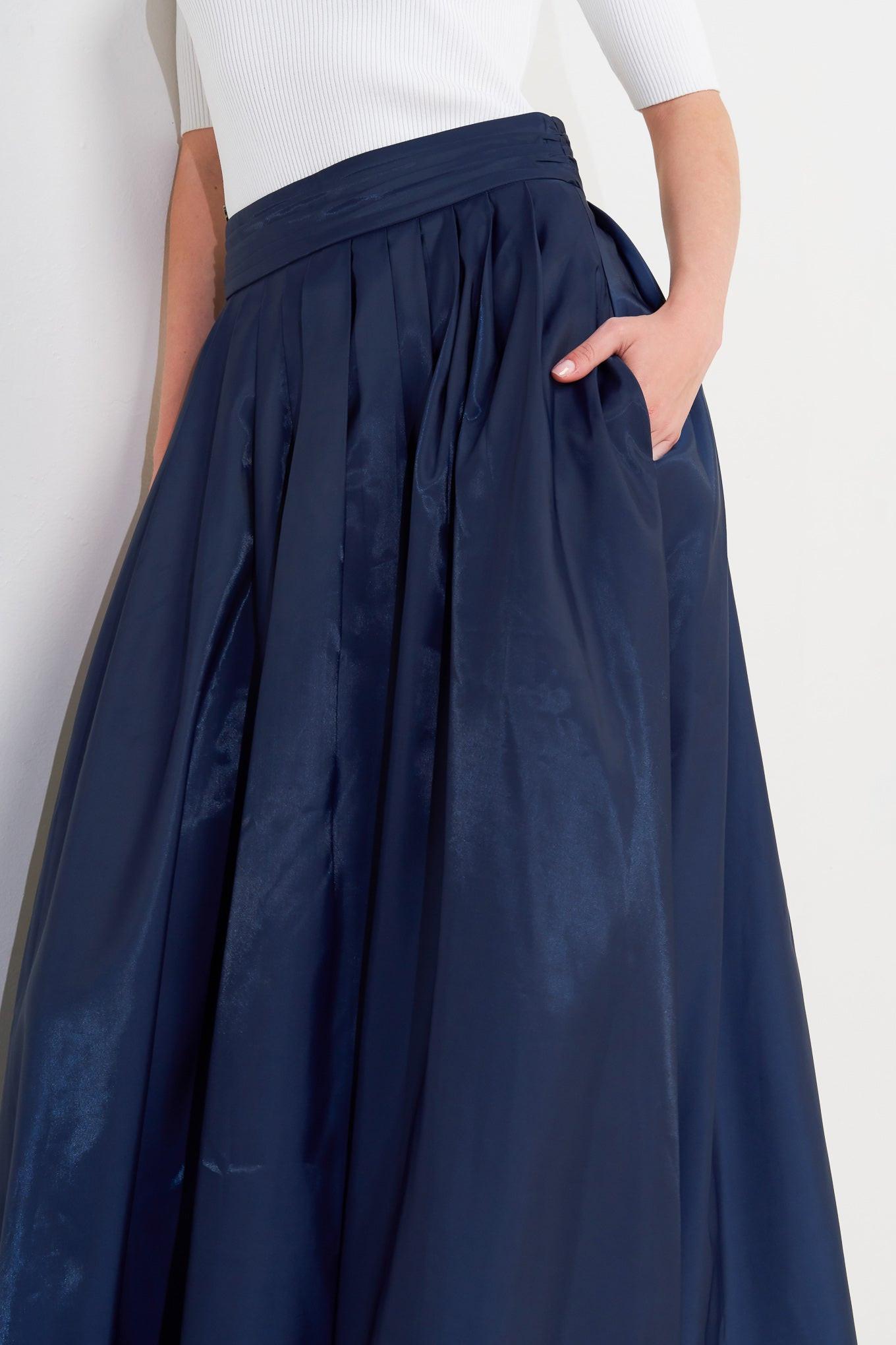 Navy Woven Pleated Midi Skirt High Waist Flared Bottom - Image 4