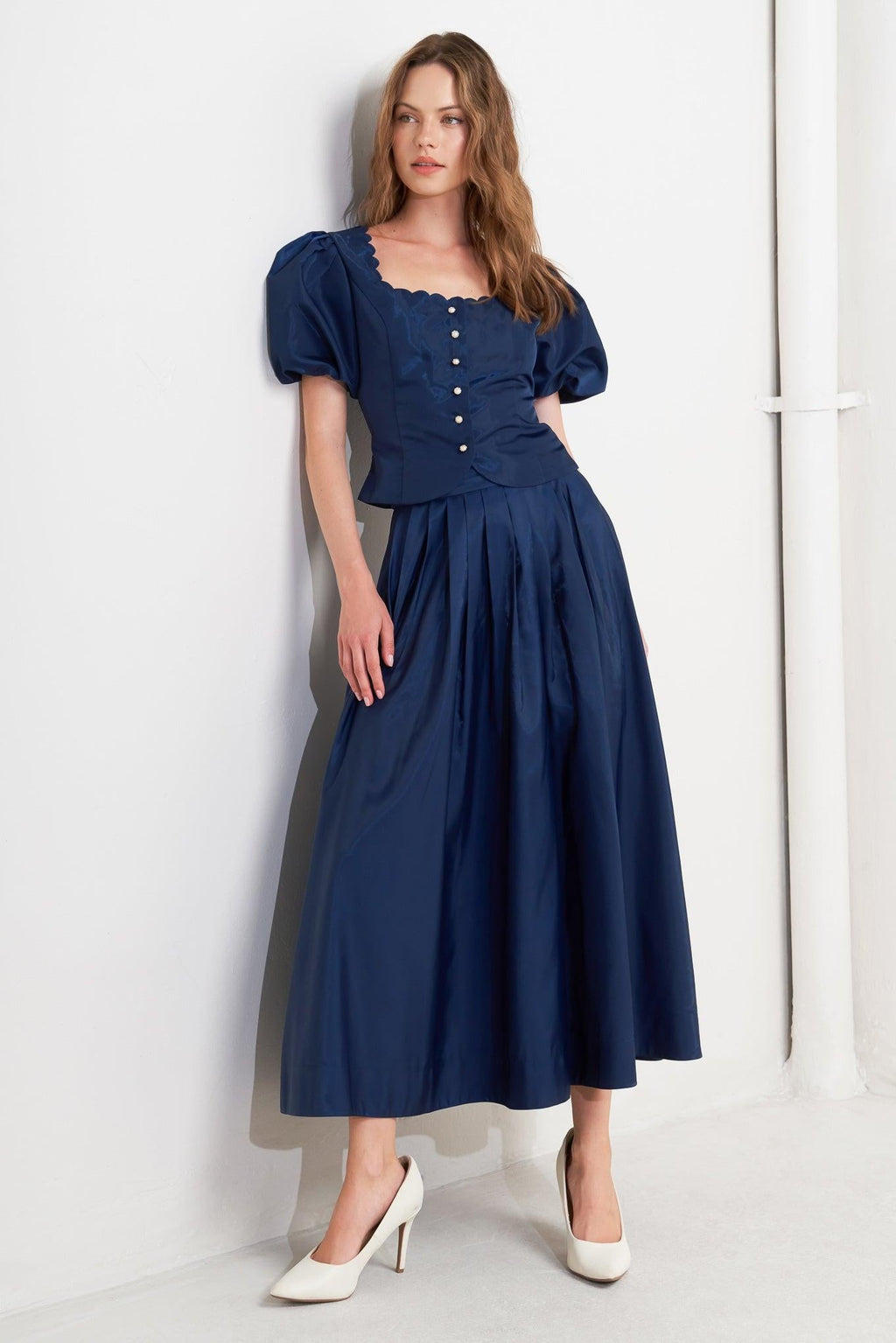 Navy Woven Pleated Midi Skirt High Waist Flared Bottom - Image 7