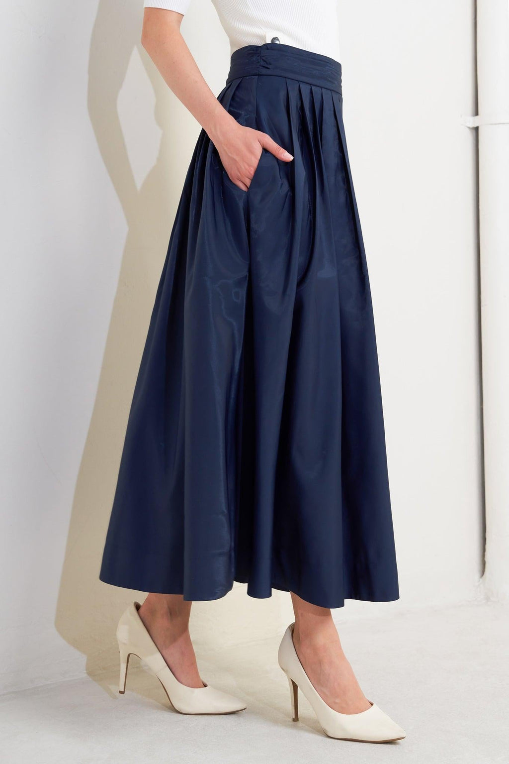 Navy Woven Pleated Midi Skirt High Waist Flared Bottom - Image 6