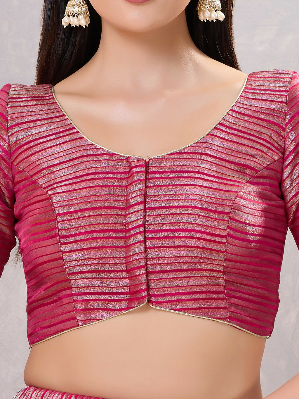 South-Pink Silk Stitched Blouse with V-Neck